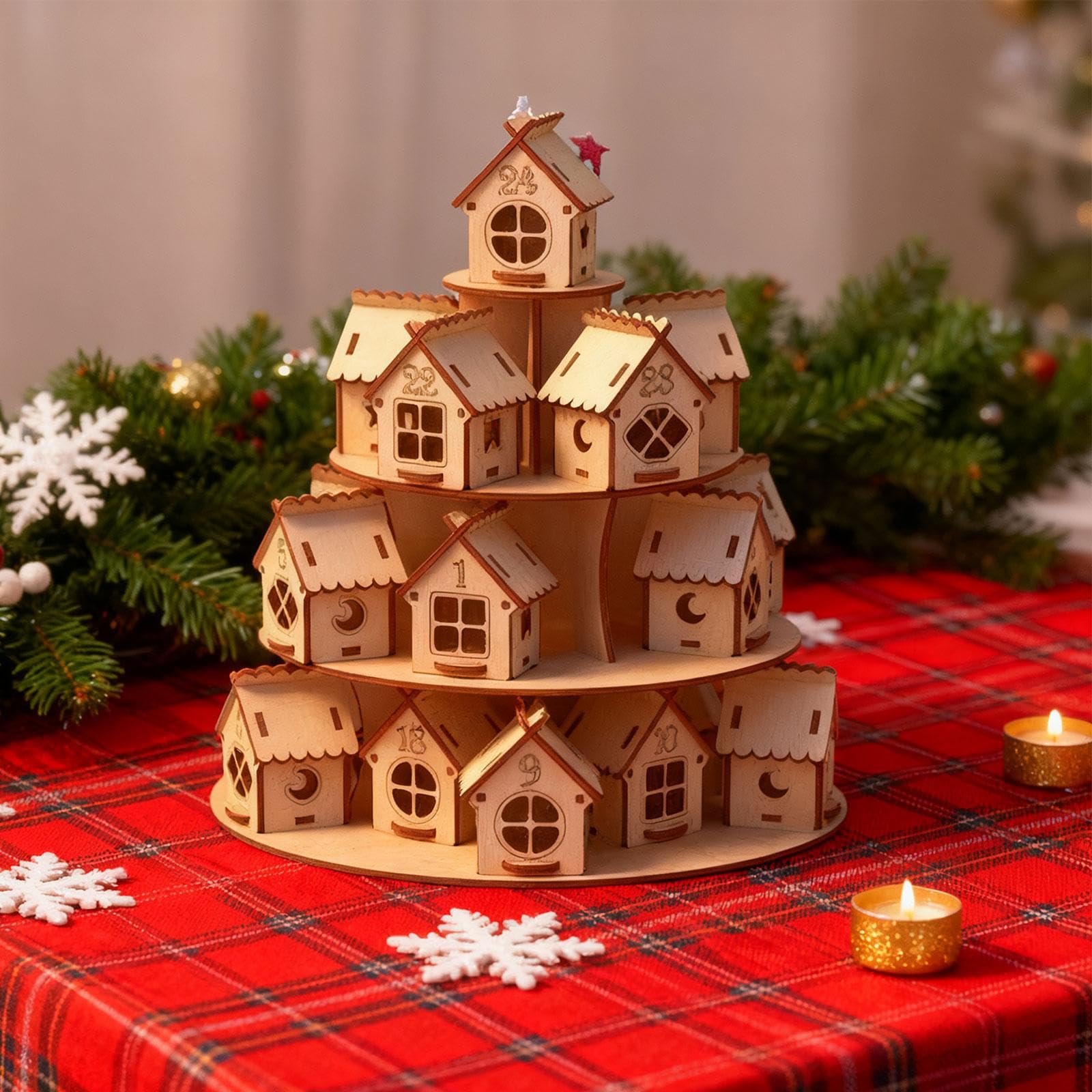 Weihnachtskalender Adventskalender Holzhaus Dekoration Countdown-Ornament aus Robustem Holz für Festliche Dekorationen für Wohnzimmer Büro Geschenk