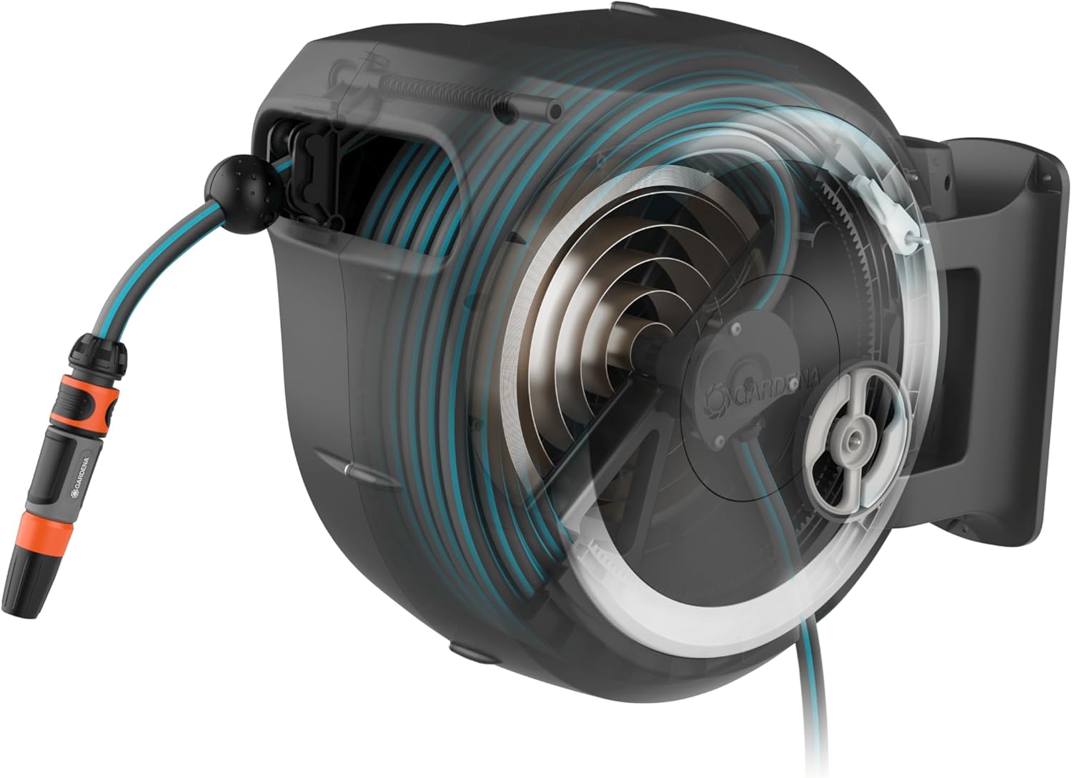 Internal mechanism of the Gardena Rollup Wall Hose Box showing the coiled hose and retraction system.