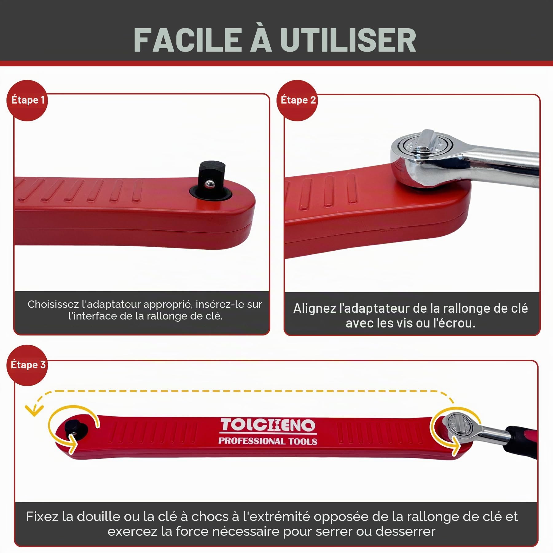 Ensemble de clés à molette offset, outil de prolongation de clé offset Pro Zero avec adaptateurs de manivelle carrée de 1/10,2 cm, 3/20,3 cm, 1/5,1 cm - Clé universelle pour espaces (Rouge)