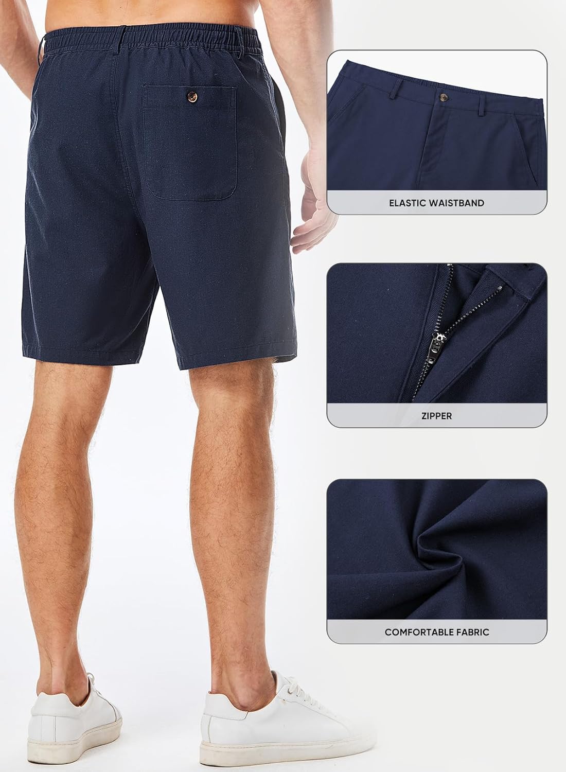 JMIERR Mens Casual 8" Cotton Linen Shorts - Button Waist Summer Beach Shorts with Pockets - Image 2