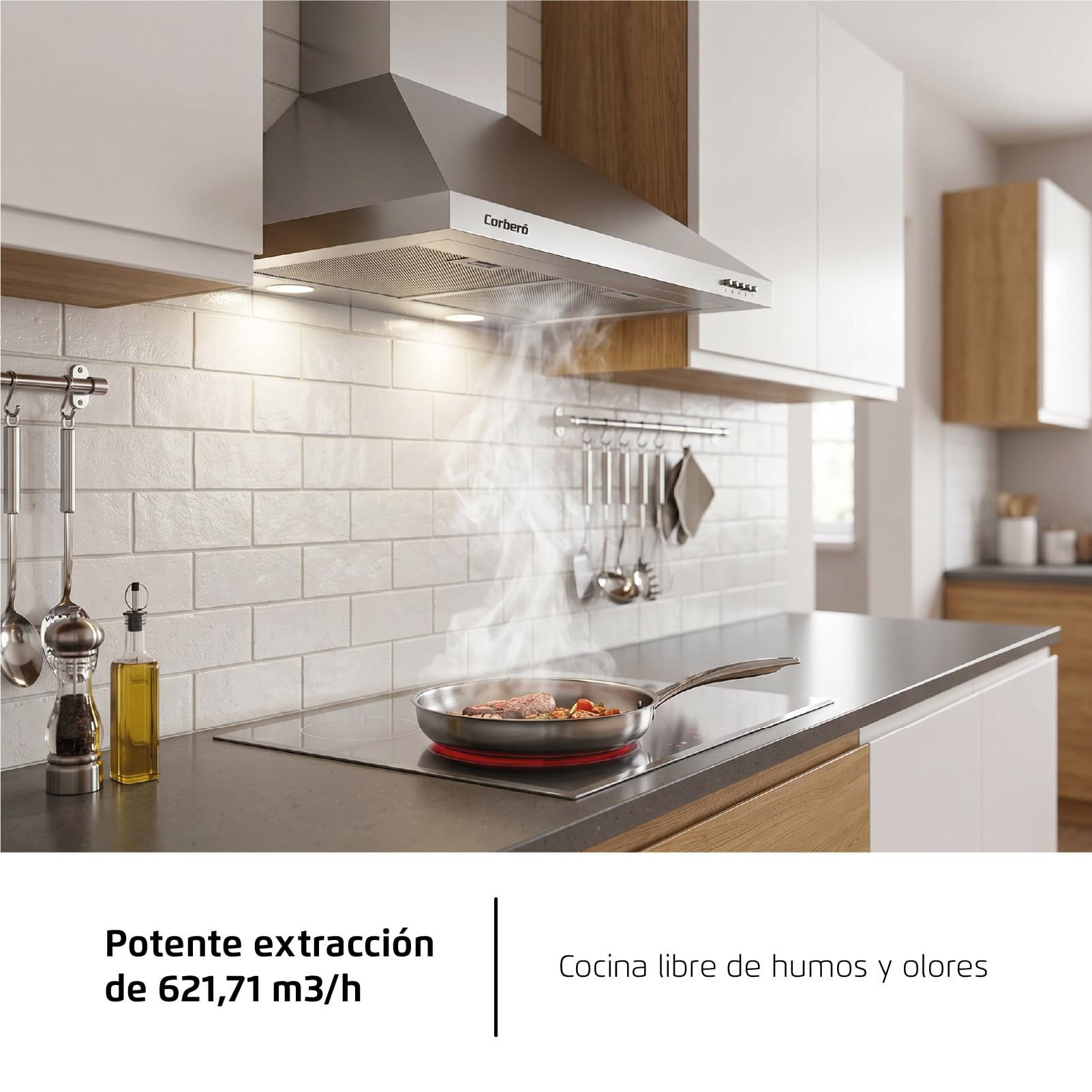 Corberó - Ozdobny dzwonek piramidowy Inox | 70 cm | KURAMATHI760X | Przepływ 621,71 m3/h | 165W | 3 prędkości | 2 filtry aluminiowe | Filtr węglowy | Efektywność energetyczna A, stal nierdzewna