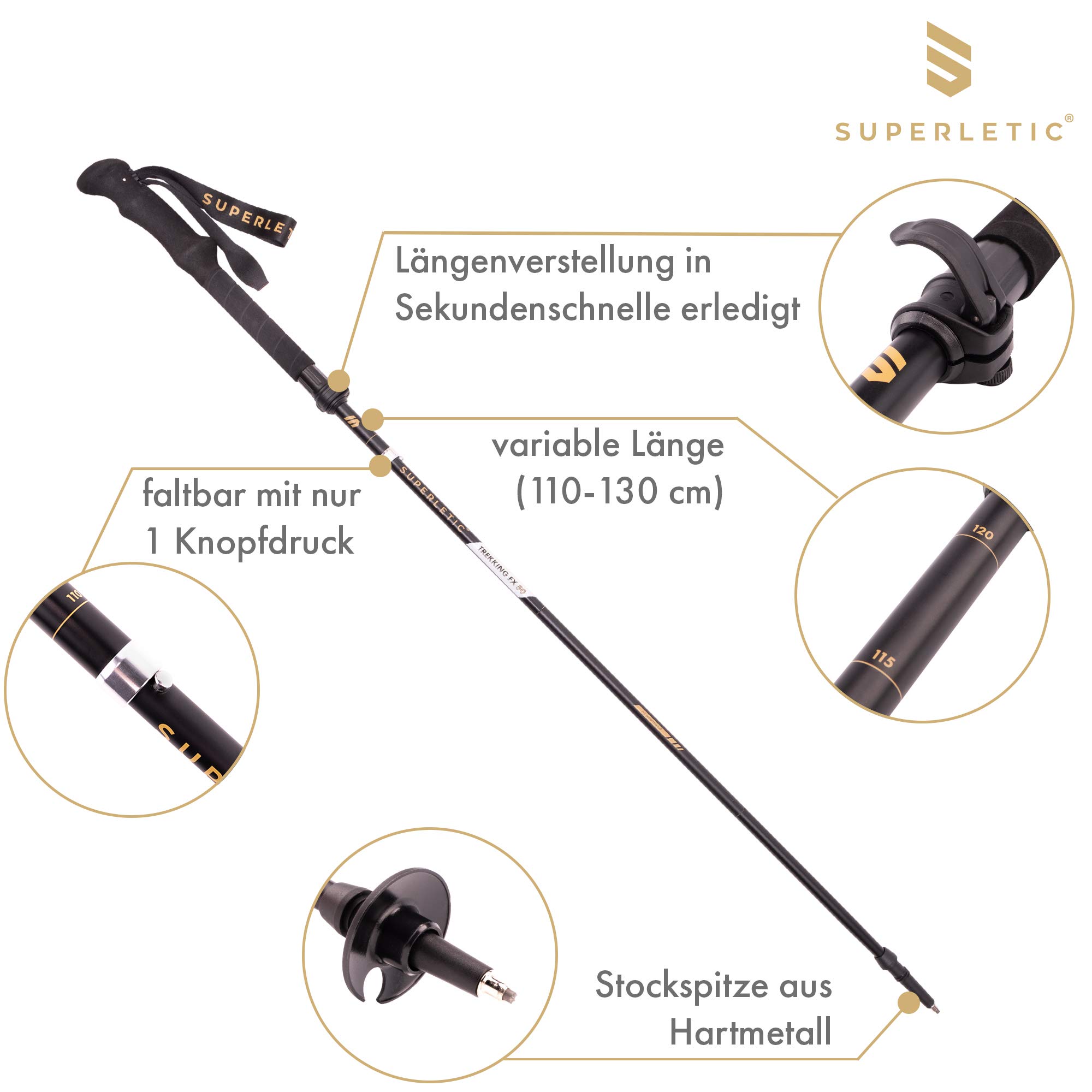Bastone da passeggio Nordic FX 10 con Cinghia da Polso, Bastoncini Trekking in Fibra di Carbonio, per Escursionismo e Campeggio; Racchette Trekking Ergonomiche con Impugnatura