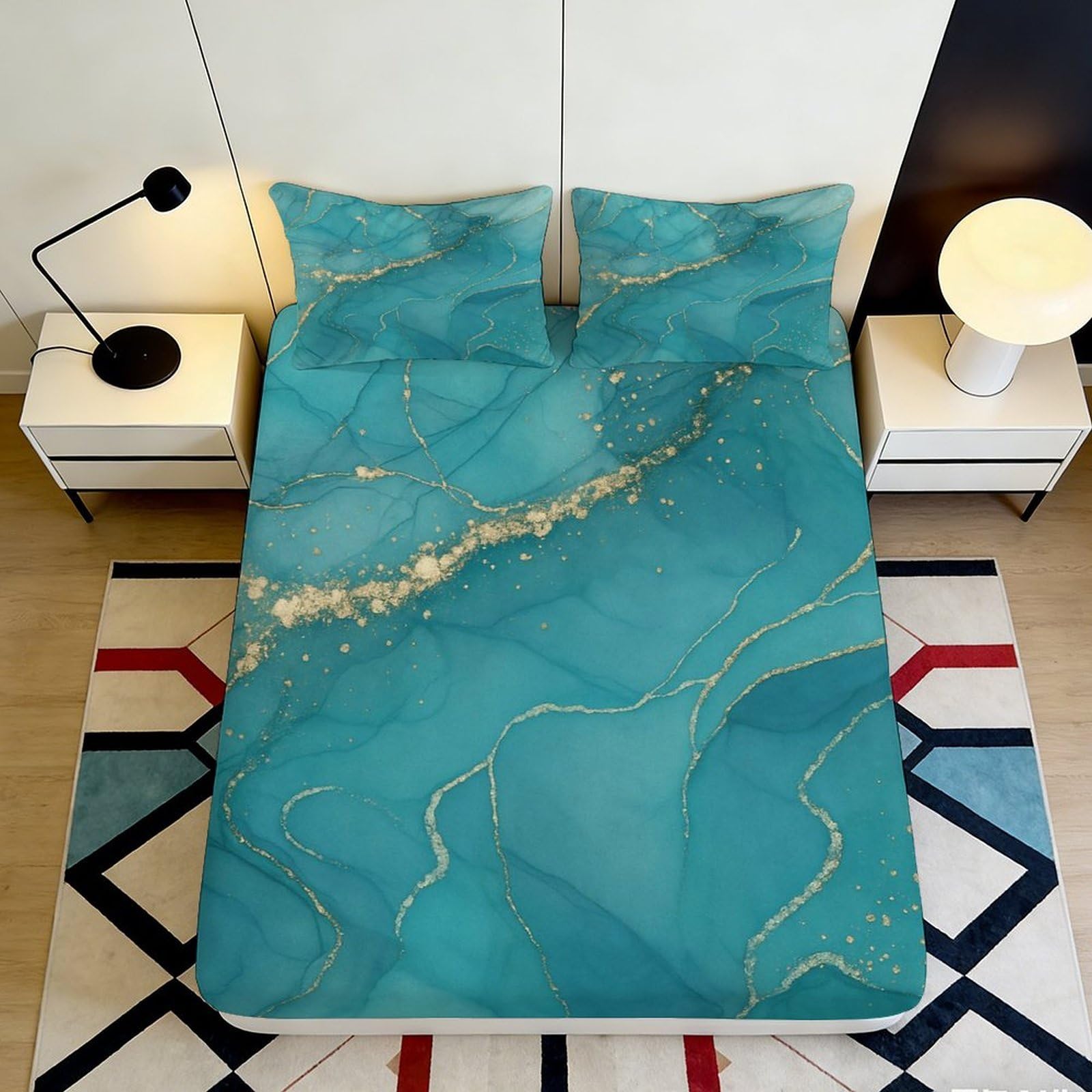 3D Printed Turquoise Marble Fitted Sheet Microfiber Soft Breathable Golden Vein Mattress Cover for Bedroom Dormitory Guest Room Protection Decor 160x200x25cm