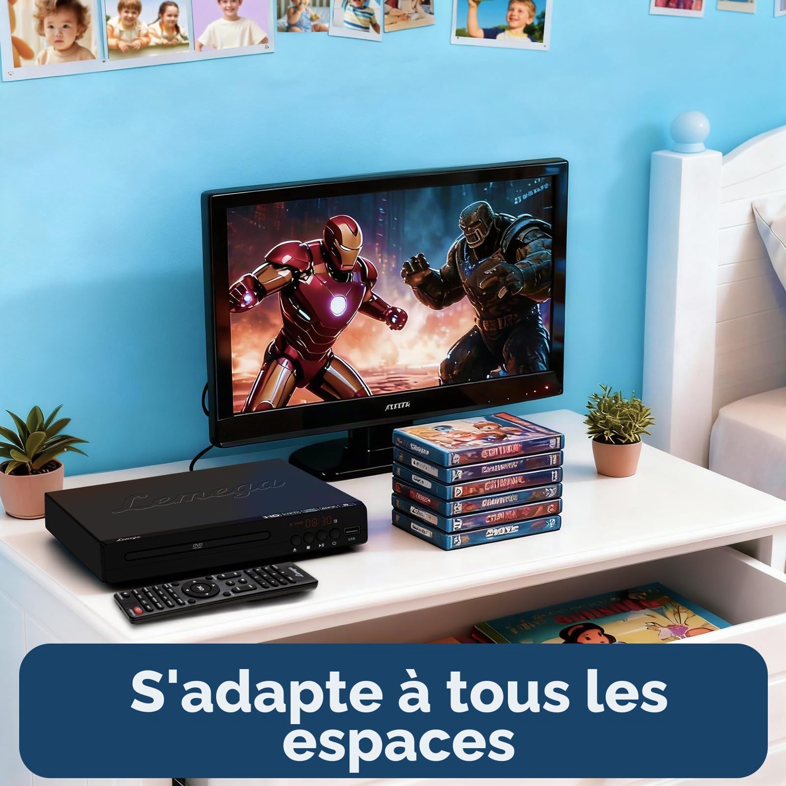 Lemega PlayHD Lecteur DVD – Lecteur vidéo multi-régions sans région avec sortie HDMI et mise à l'échelle 1080p, lecture USB/CD, ports RCA/AUX, design compact pour TV et Smart TV, câble HDMI inclus