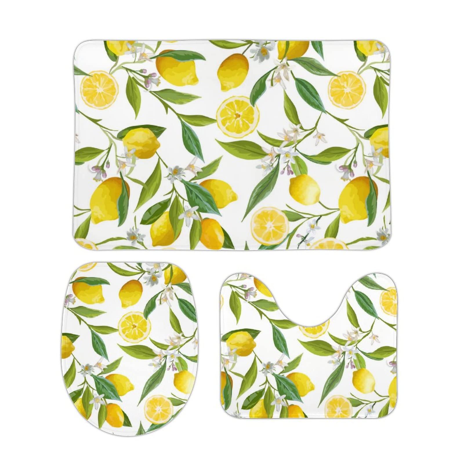 Lemon Bath Mat Set, Bathroom Rugs for 3 Pieces, Toilet Mats, Soft Comfortable, Water Absorption, Non-Slip, Easier to Dry for Floor Mats