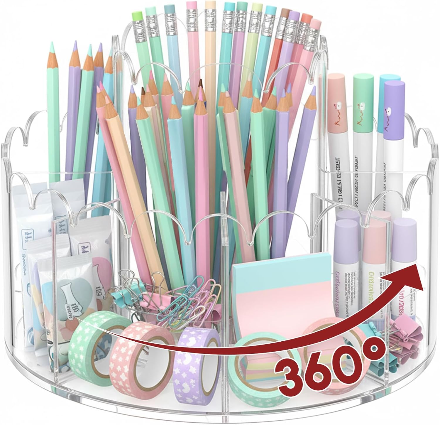 Scalloped Acrylic Pencil Holder Desk Organizer with 9 Compartments 360 Degree Rotating Pencil Organizer Desktop Storage Caddy for Pen Crayon Marker Art Supply for Office Home School