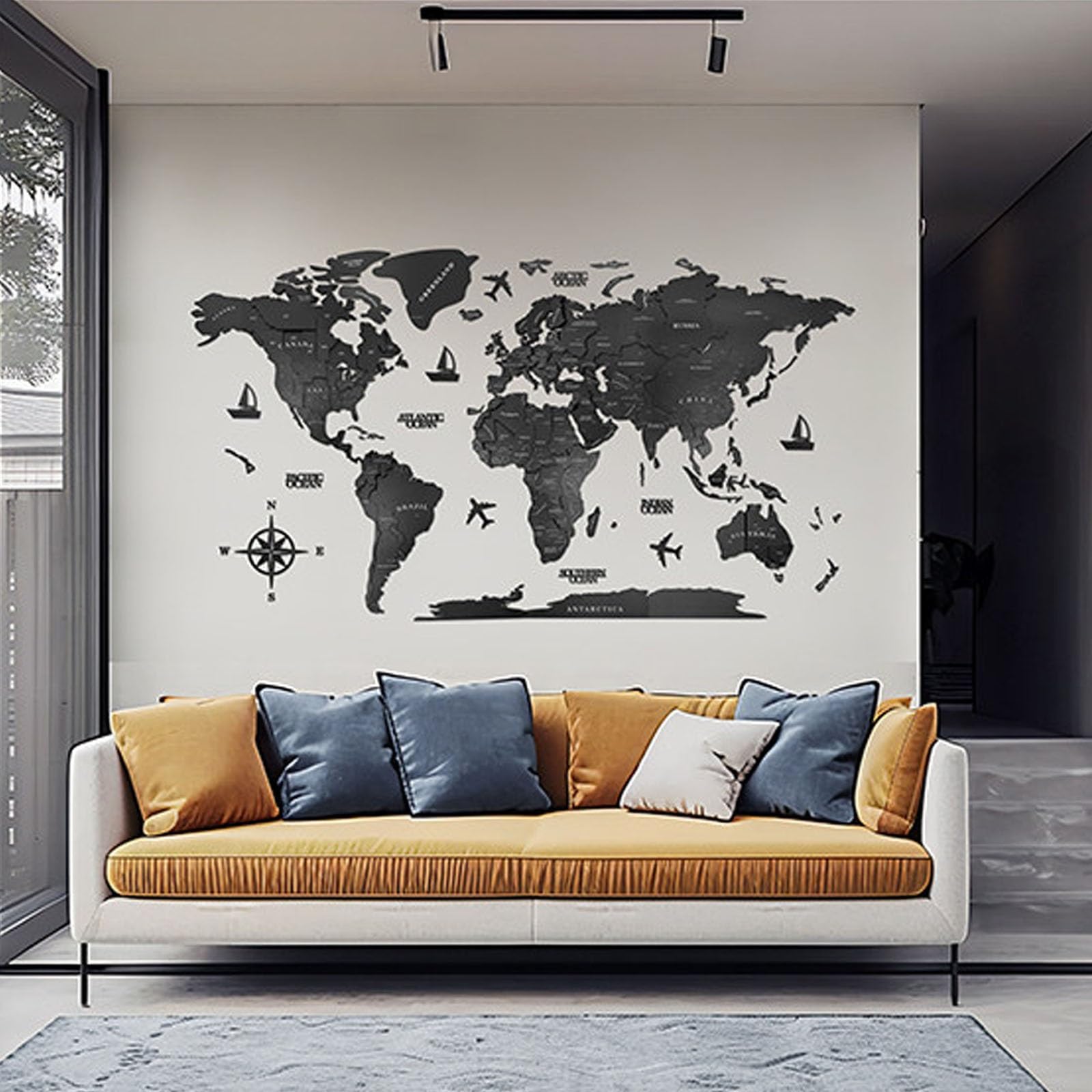 Mapa Mundi de Madera 3D Decoración de Pared, Gran Planisferio de Madera Negro para Fondo de Sofá, Arte de Pared en Relieve y Decoración Creativa para Salón y Oficina(250x142cm/98.4x55.9in)
