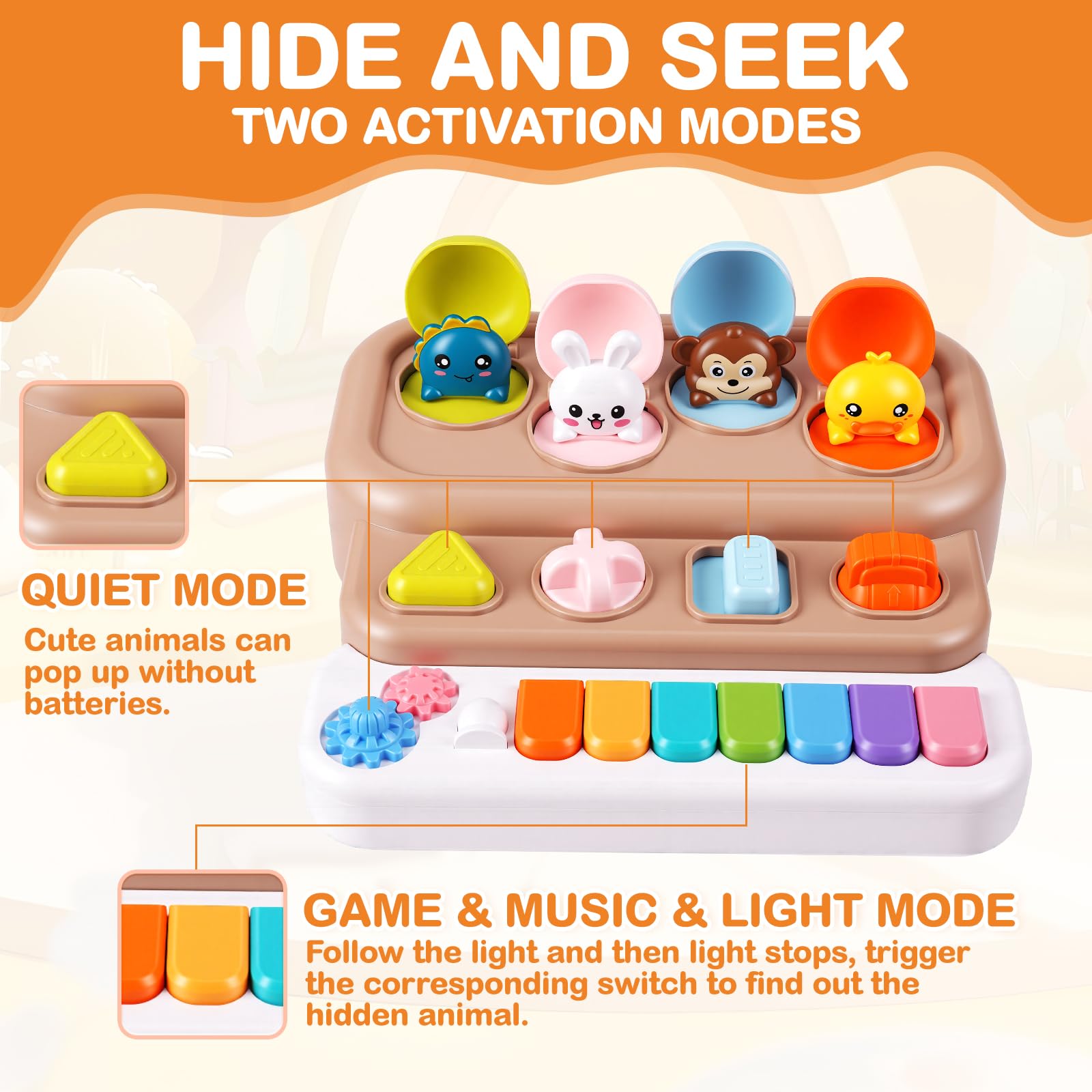 Mini Interaktives Pop-Up-Tierspielzeug mit Klaviertasten, Musik & Lichtern, Montessori Ursache und Wirkung Spielzeug für 3+ Jahre, STEM Feinmotorik, Babyspielzeug für Säuglinge 6-12 Monate, Kleinkind