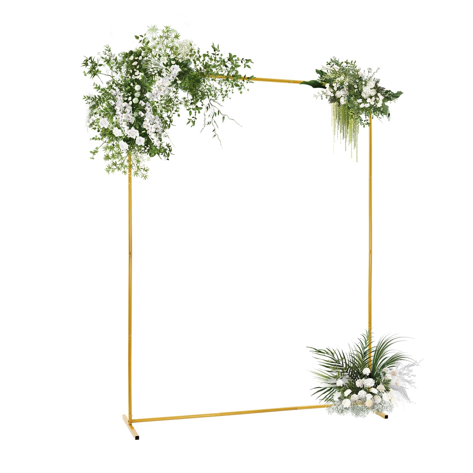 1,5 m x 2 m Marco de metal dorado con cubierta de fondo, arco de boda de metal cuadrado para fiestas, decoración, cabina de fotos, soporte de fondo (con funda de fondo blanco)
