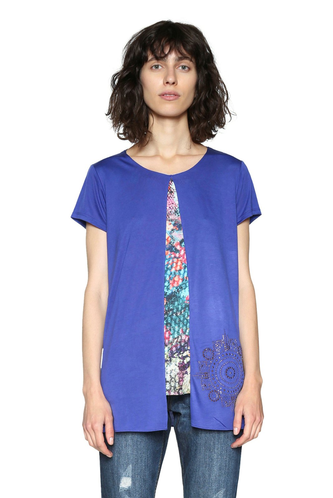 Desigual Women's Blue Calandra Split Layer Tshirt Top XL/UK 16