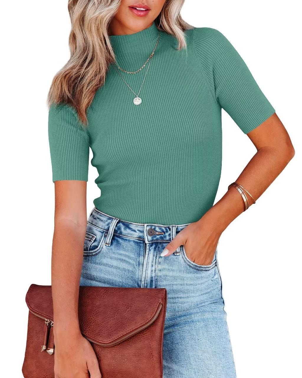 Lacozy Women's Mock Neck Short Sleeve Ribbed Knit Pullover Sweater Tops