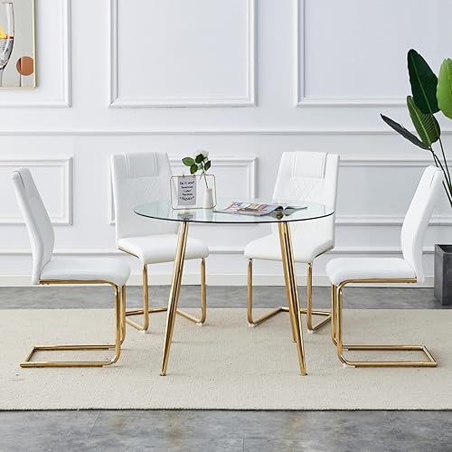 Miniatura 3 de Juego de mesa y silla, mesa de comedor circular, mesa de vidrio con un diámetro de 40 pulgadas y patas de metal chapado en oro, combinado con 4
