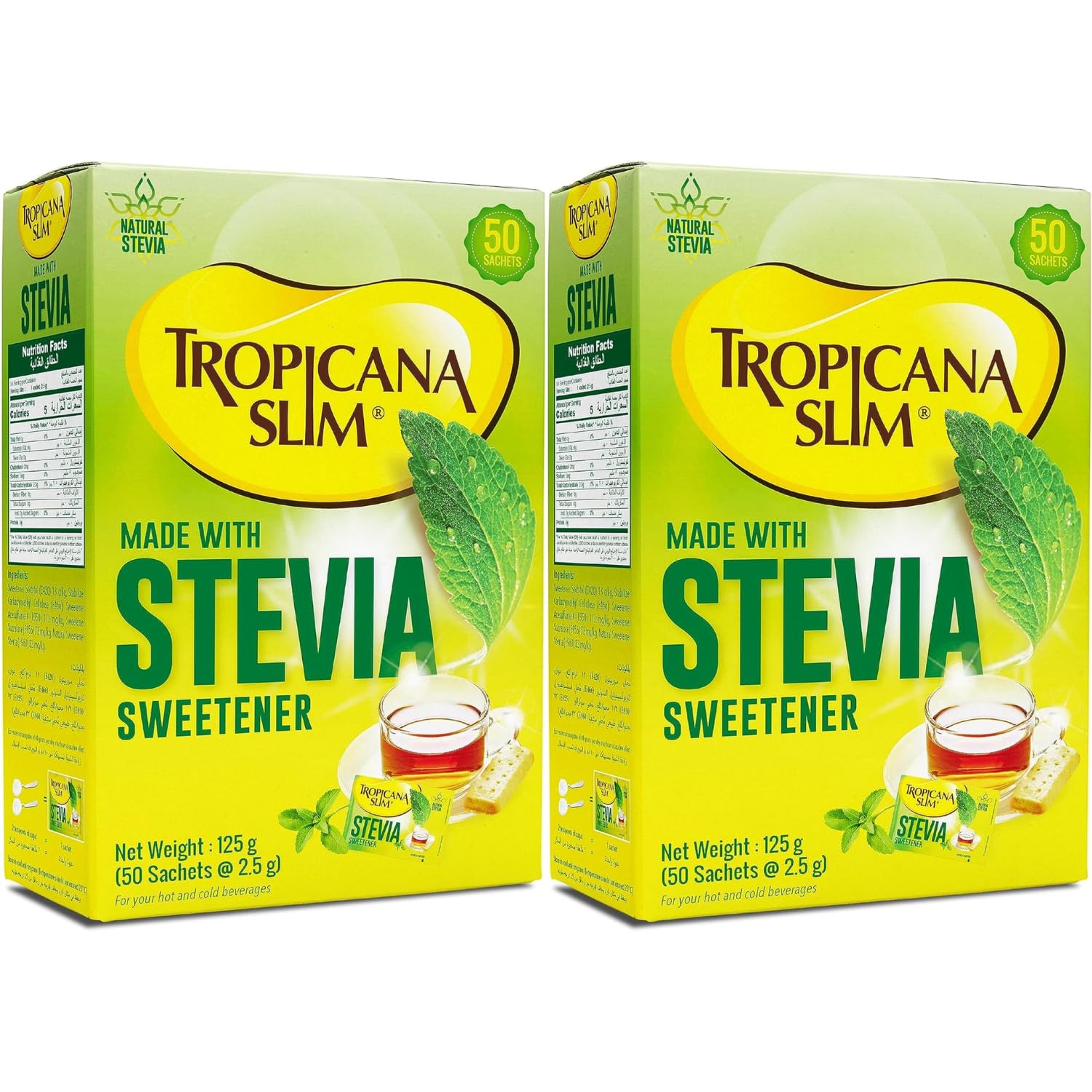 Tropicana Slim Stevia Sweetener (Pack of 2) - 50 Sachets (125g) | Made with Natural Stevia | Low Calorie Sugar Substitute | Ideal for Tea, Coffee & Beverages | Convenient Individual Sachets for Daily Use - (Imported-Saudi Arabia)-image-8