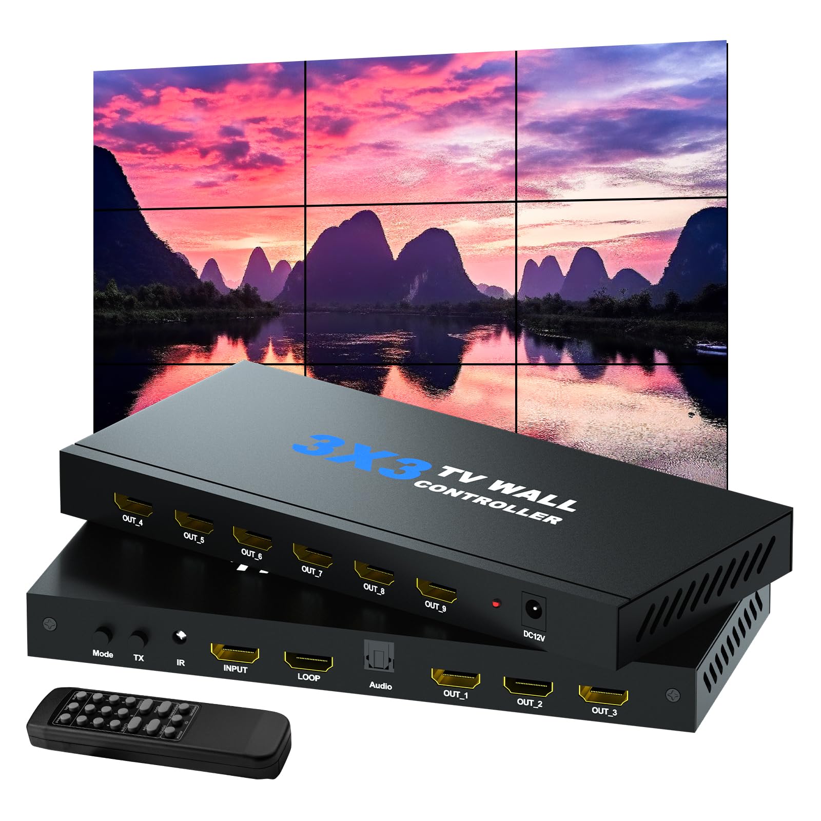 BOOBRIE Video Wall Controller, TV Wall Processor 3x3 4K Input & 1080P HDMI Output for 9 TV Splicing Display, 180 Degree Rotate, 14 Splicing Modes 3x3