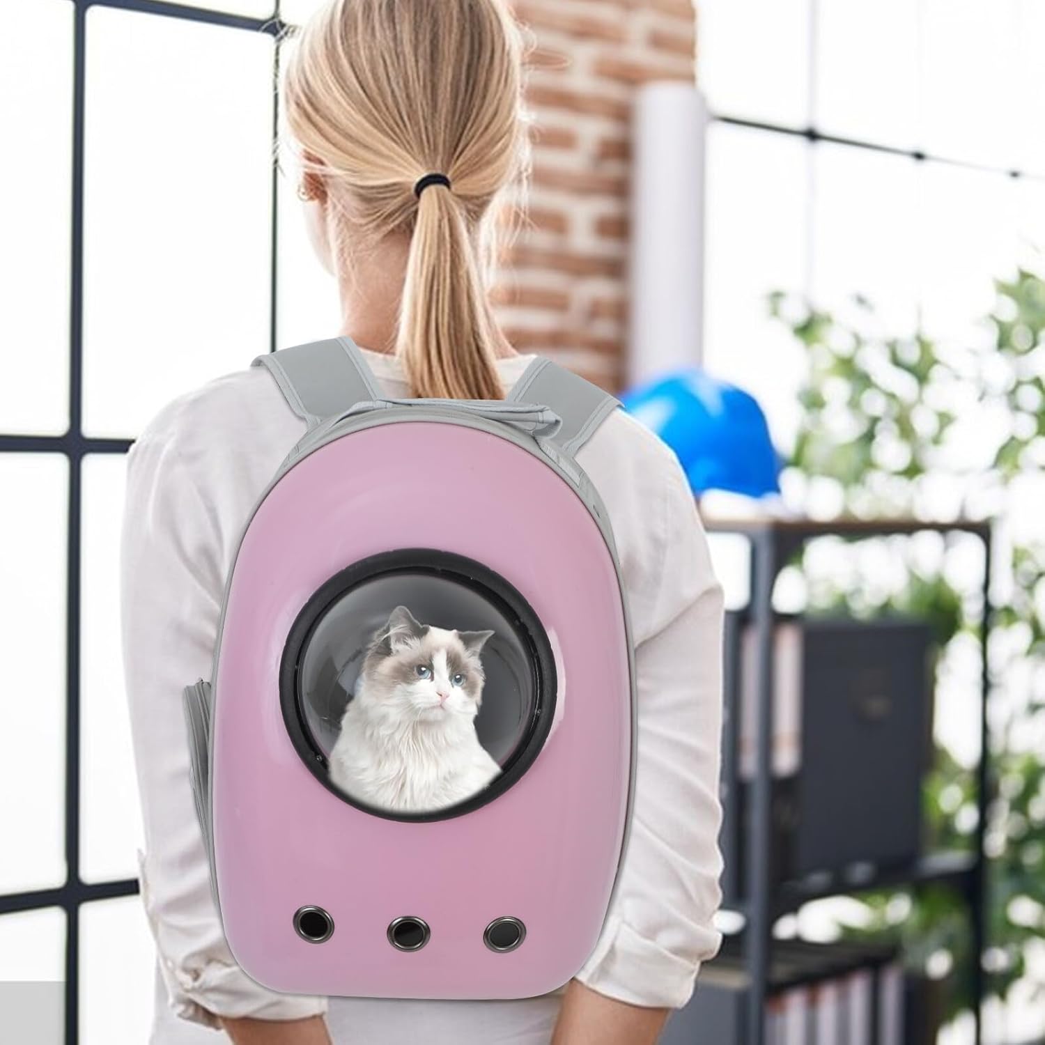 Cat Carrier Backpack with Side Opening, Portable Wearable Pet Travel Carrier Bag for Cats and Small Dogs, Bubble Space Capsule Design, Pink and Gray