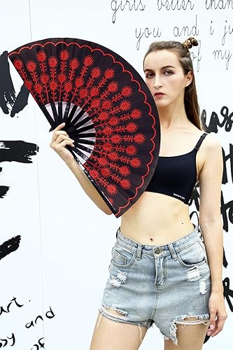 Miniatura 2 de Amajiji Abanico grande plegable de mano para mujereshombres, abanicos de mano chineasejaponés de bambú y tela de nailon, perfecto para refrescar,