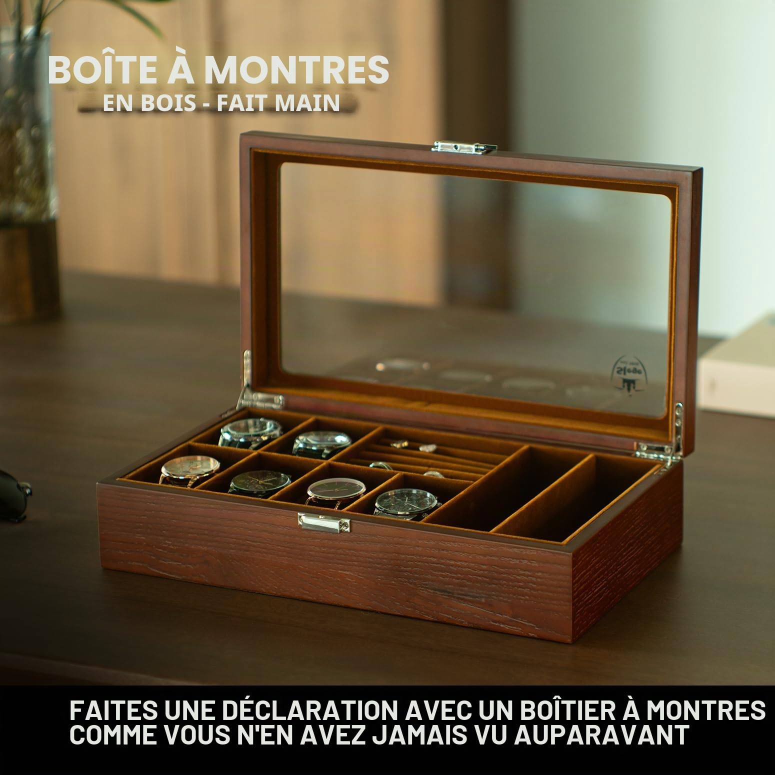 Slege Boîte à Montres en Bois,6 Emplacements,Coffret à Montres avec Couvercle en Verre,Organisateur de Rangement pour Montre,Boîte à Bijoux,Cadeau pour Homme Femme,pour Montre,Lunette de Soleil,Bague