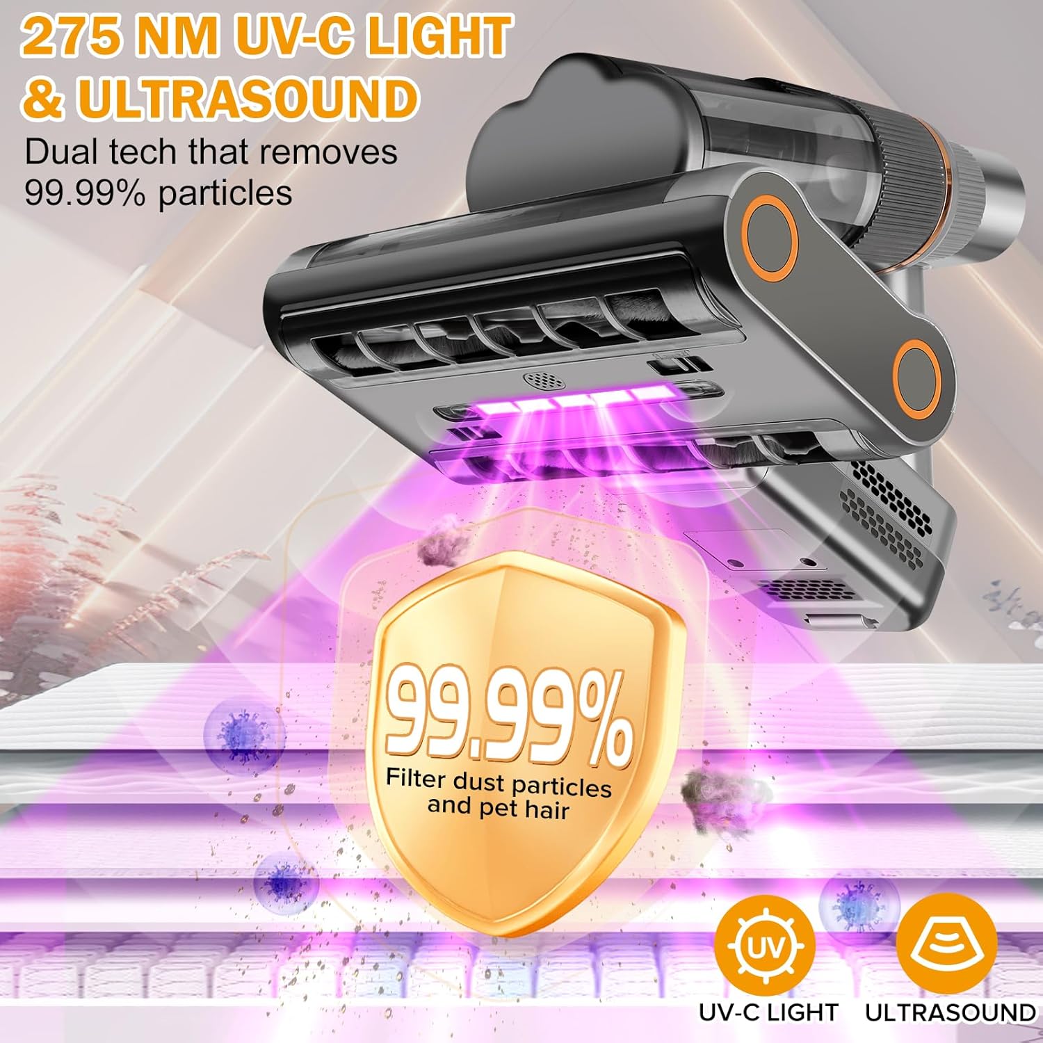 Powerful Mattress Vacuum Cleaner,Handheld Bed Vacuum with UV-C Light, 16Kpa Strong Suction, 30000 RPM Dual Drum Brushes, 140°F Hot Air & Ultrasonic Tech, 500W Corded for Quick Dust Removal