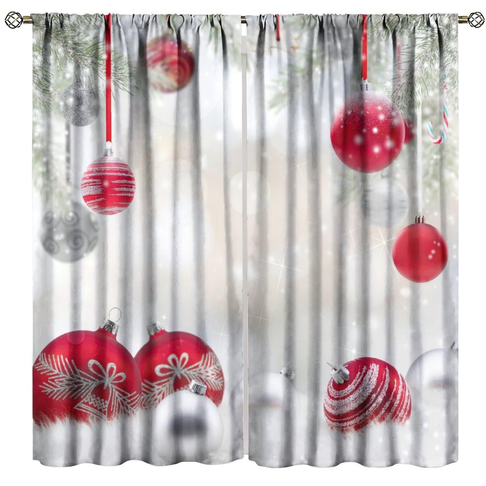 Christmas Ball Curtains, Vintage Rustic Dreamy Glitter Snowy Pine Tree Branch Xmas Baubles Pattern Window Treatments, Blackout Rod Pocket Drapes for Living Room Bedroom Bathroom Kitchen 63x63in
