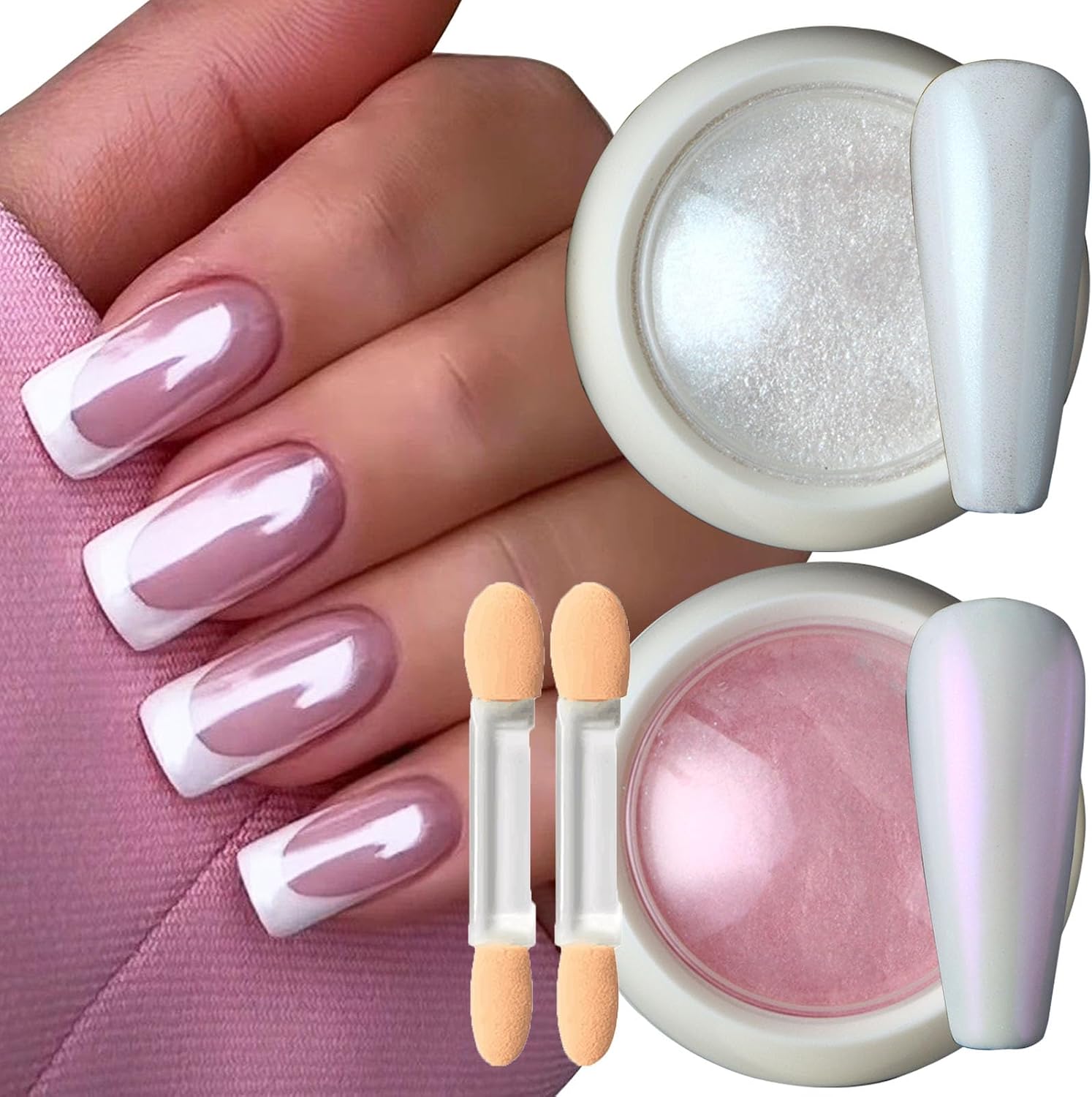 2 Box Pearl Chrome Nail Powder Set, Pearlescent White and Pink Metallic Mirror Effect Pigment, Holographic Shimmer Glitter Dust, Nail Art Decoration,with Sponge Applicators