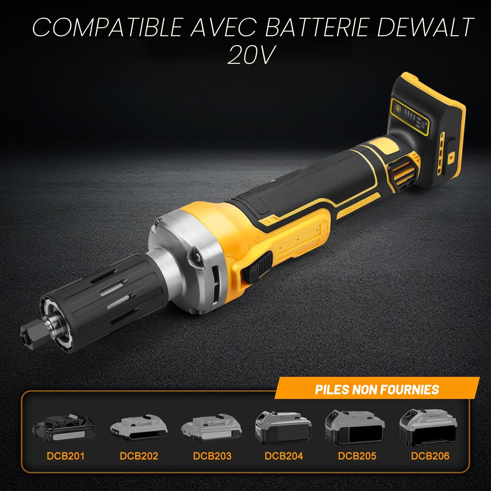 Meuleuse droite sans fil compatible avec batterie Dewalt 20 V, meuleuse droite sans brosse, mandrin de 6 mm et 4 vitesses variables (sans batterie)