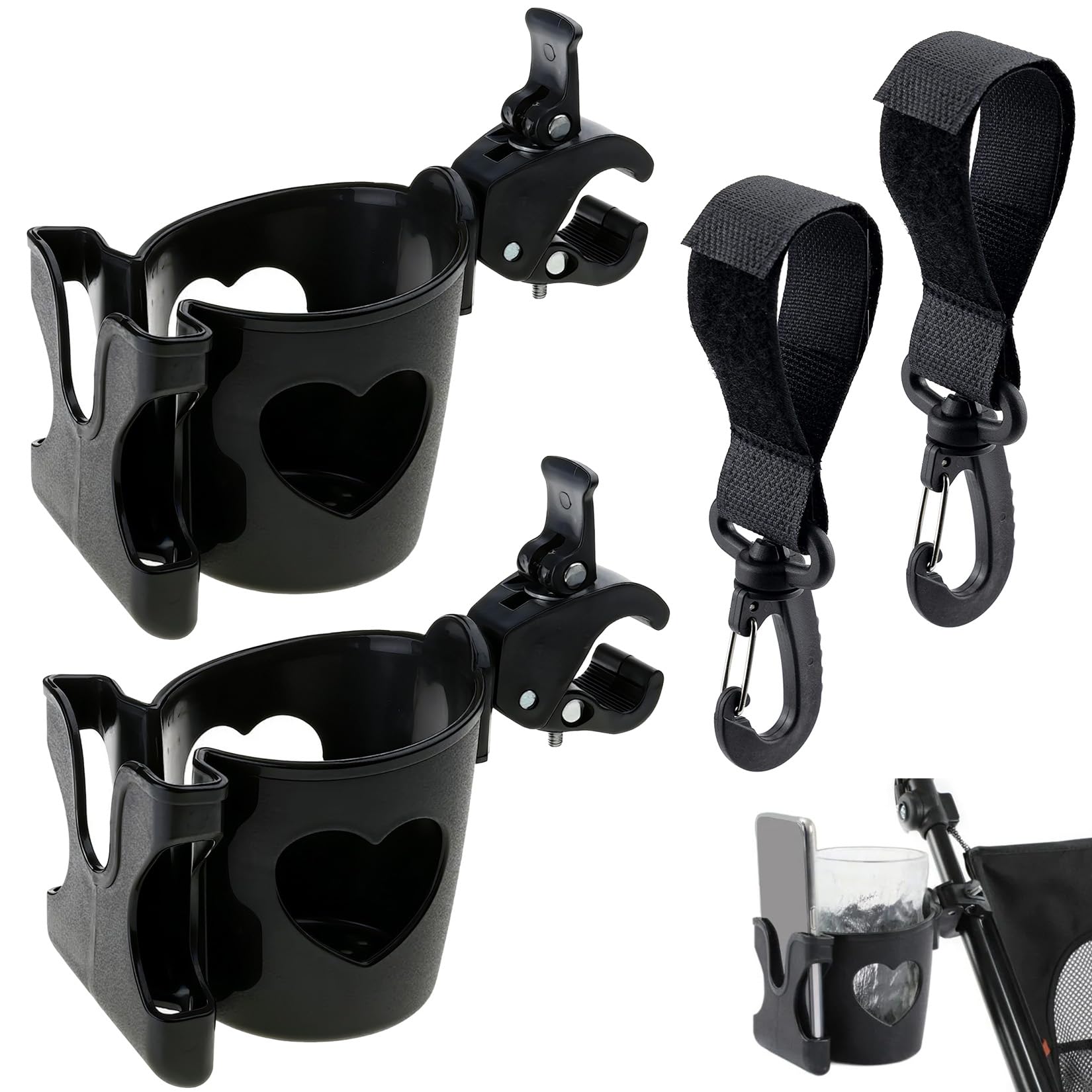 2-EN-1 Soporte para bebidas para cochecito de bebé con soporte para teléfono universal, accesorio para cochecito, bicicleta, soporte para taza con 2 ganchos, soporte para vasos, soporte para