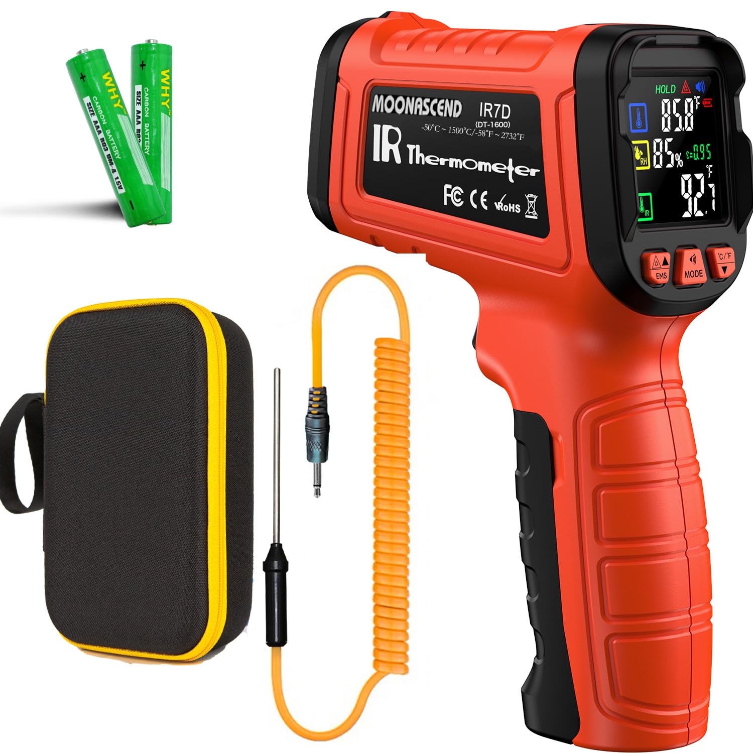Pistola termometro a infrarossi, da -58 °C a 1500 °C, modalità doppia 50:1 | Sonda di tipo K da 500 °C inclusa, custodia protettiva inclusa, HVAC industriale e diagnostica delle apparecchiature