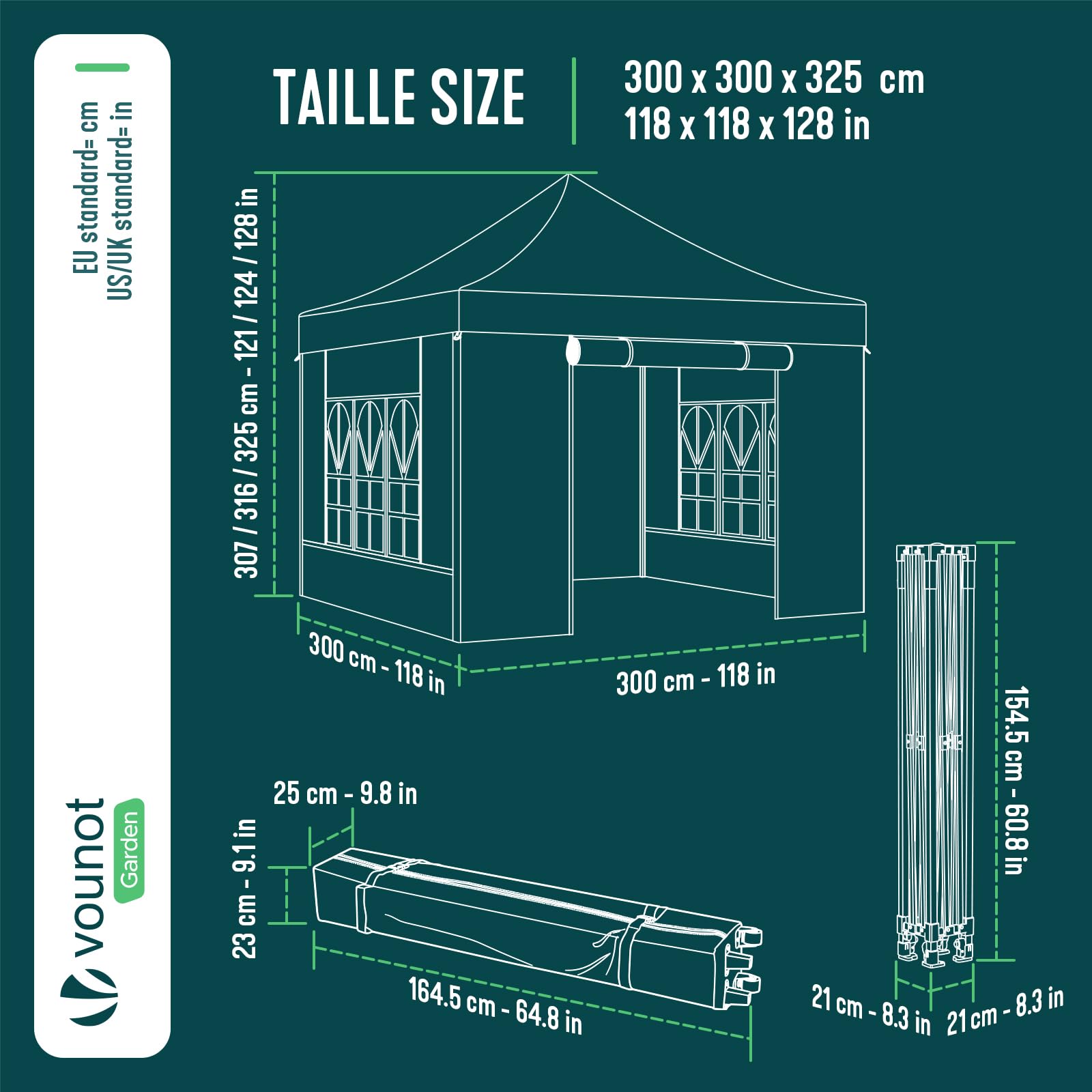 VOUNOT® Tonnelle de Jardin Renforcée 3 x 3 m Pliante avec 4 Parois Latérales et Fenêtres Barnum Robuste Sac de Transport à roulettes et Sacs de Sable Tente pour Jardin Terrasse Camping Festival Gris