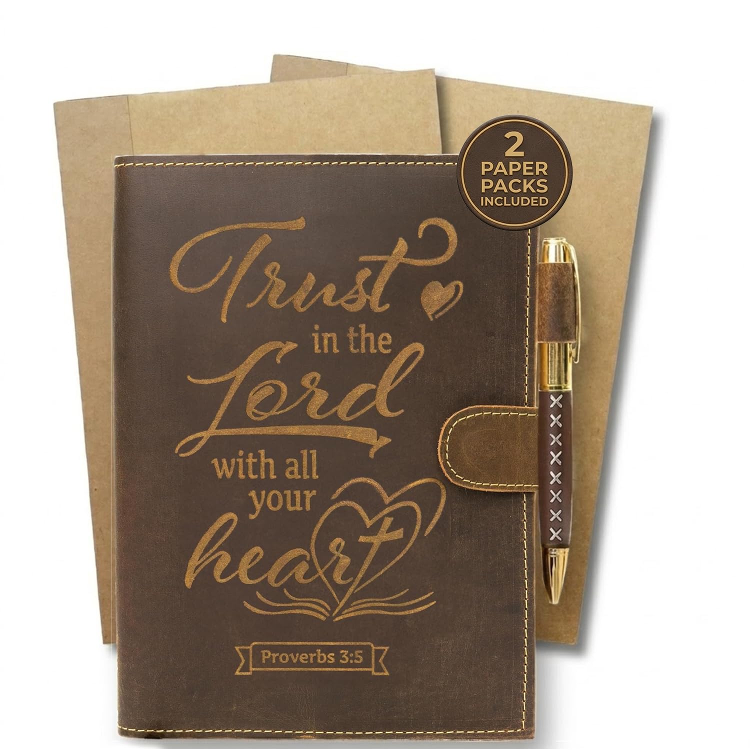 Diario de cuero recargable Sovereign-Gear: cuaderno religioso hecho a mano para hombres y mujeres, con cubierta en relieve "Trust", páginas en blanco y bolígrafo de diseño.