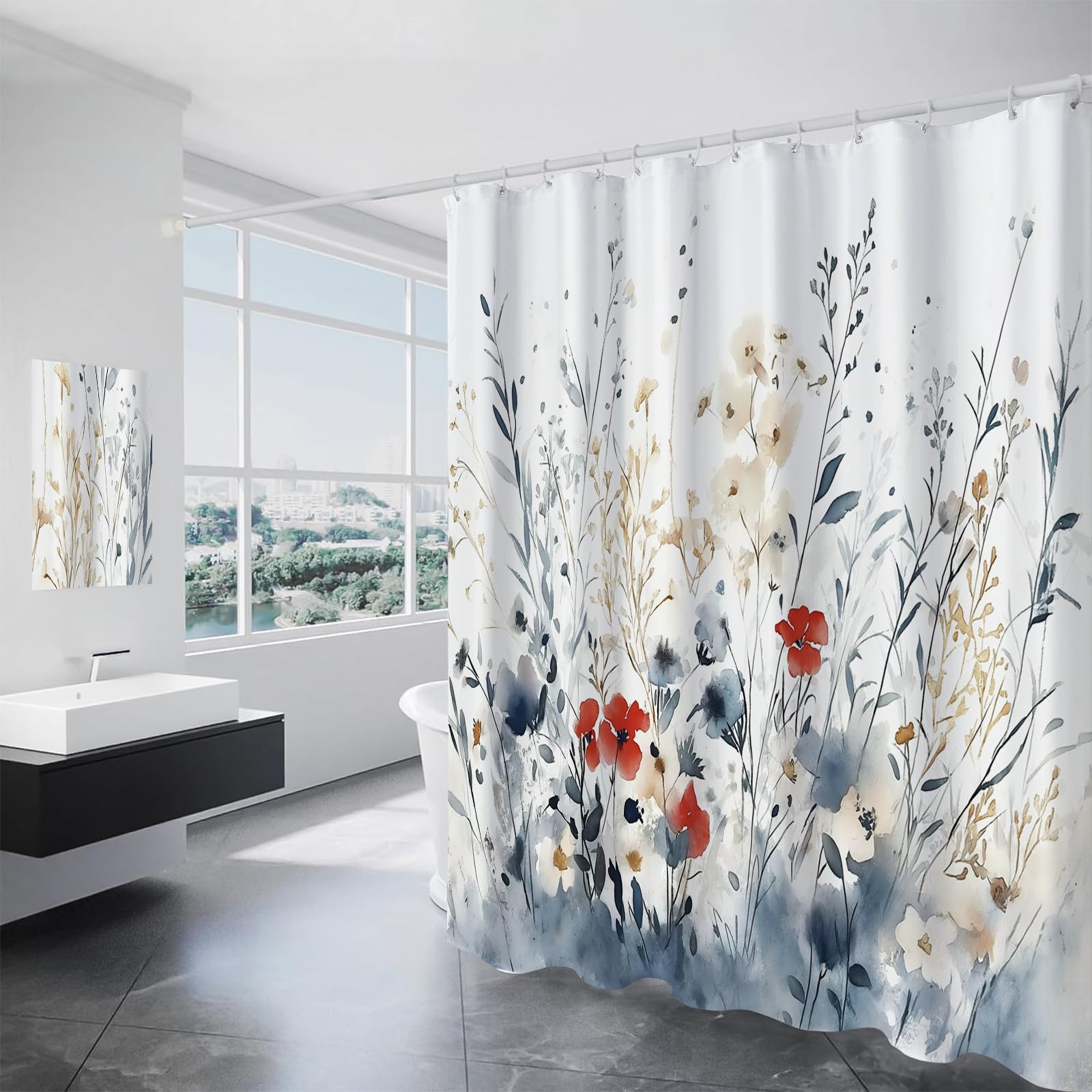 ALTCIRNMD Country Style Flowers Shower Curtain Wet Room Waterproof Anti Mould Proof Fabric Extra Long 180 X 220 Cm Quick Dry Watercolor Plants Print Bathroom Curtains With Hooks Eyelets