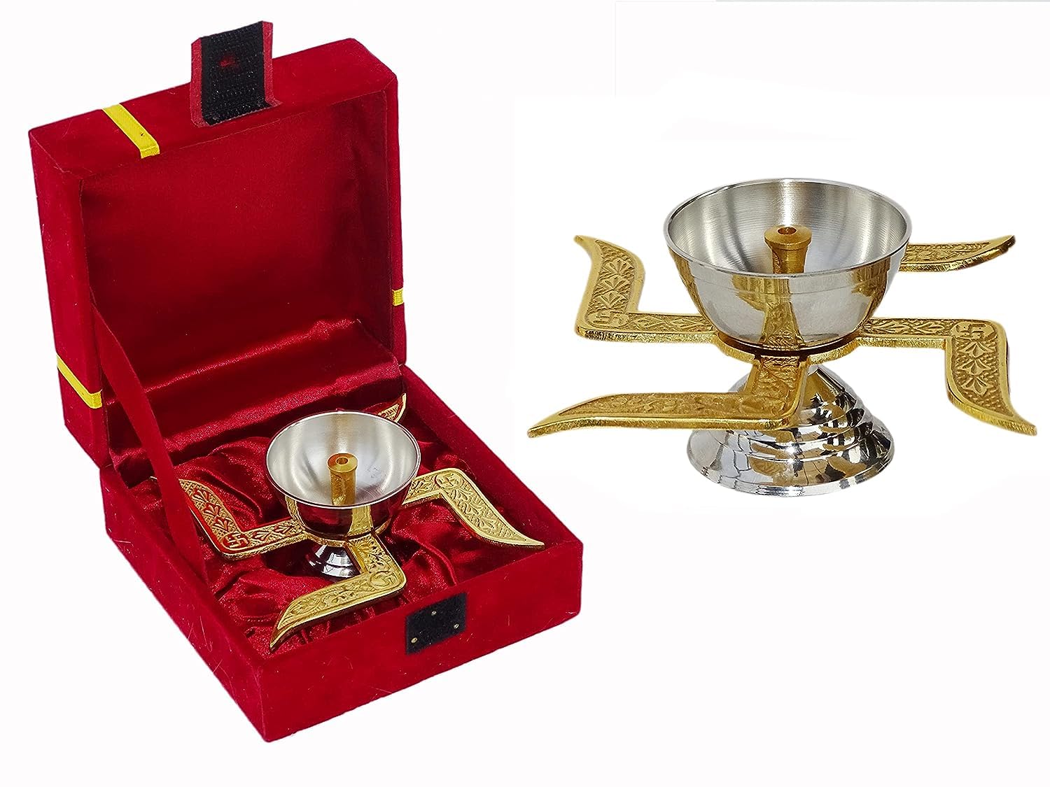 EtsiBitsi Brass Swastik Diya Packed in Red Velvet Gift Box, Diwali Gift, Religious Gift