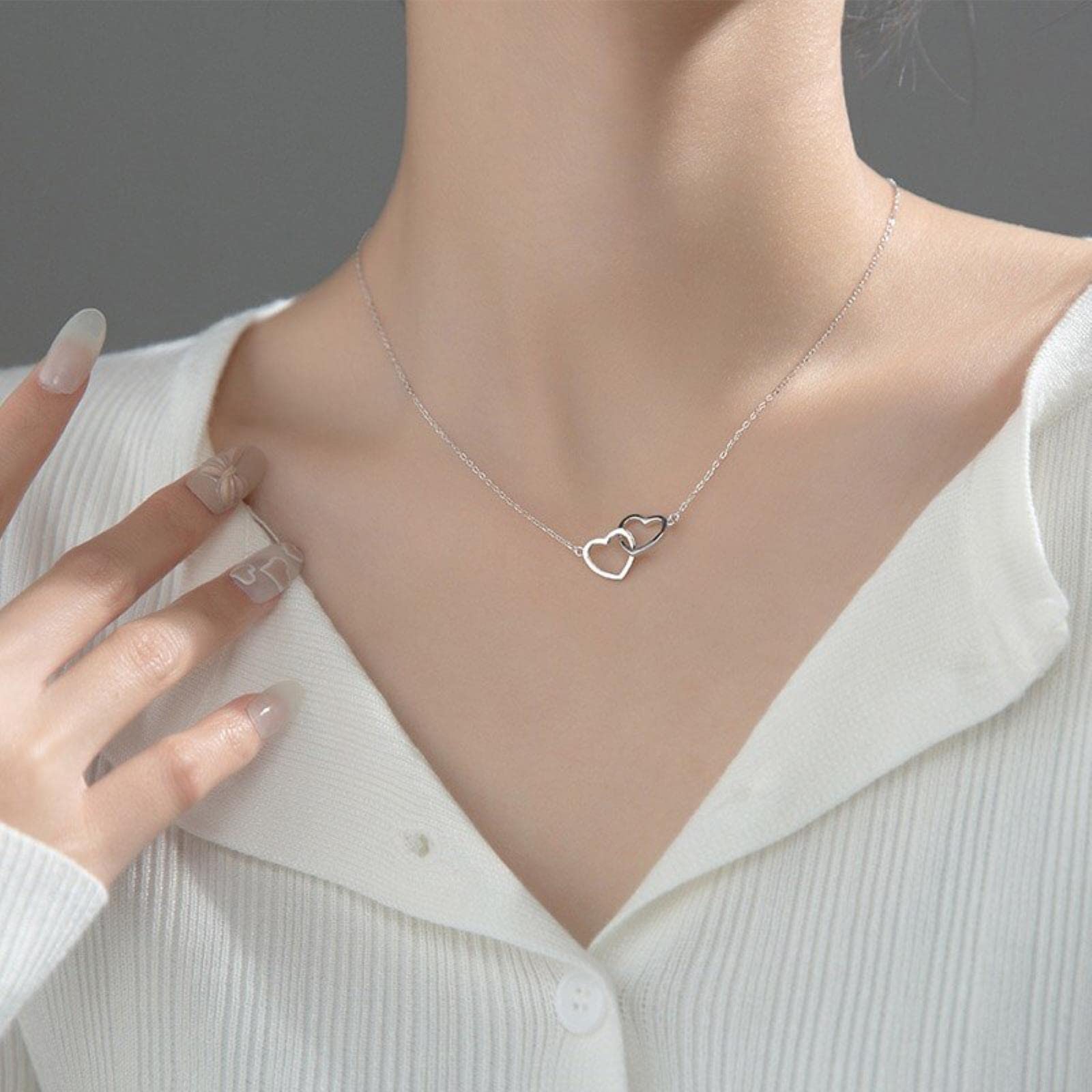 Collier de Double Coeur en Argent Sterling 925 Authentique pour Femmes Romantiques - 4