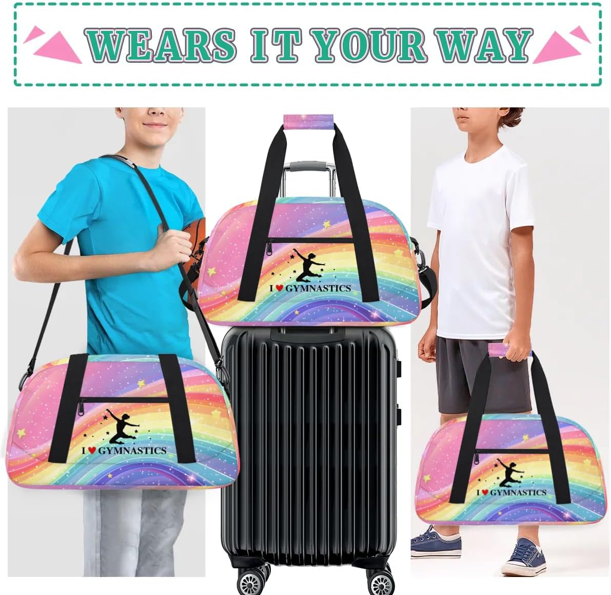 Rainbow Gymnastics Patterns Duffle Bag for Kids Dance Ballet Bag Lightweight Travel Weekender Overnight Bags Sport Gym Duffel Bag Workout Carry On Tote for Girls Boys