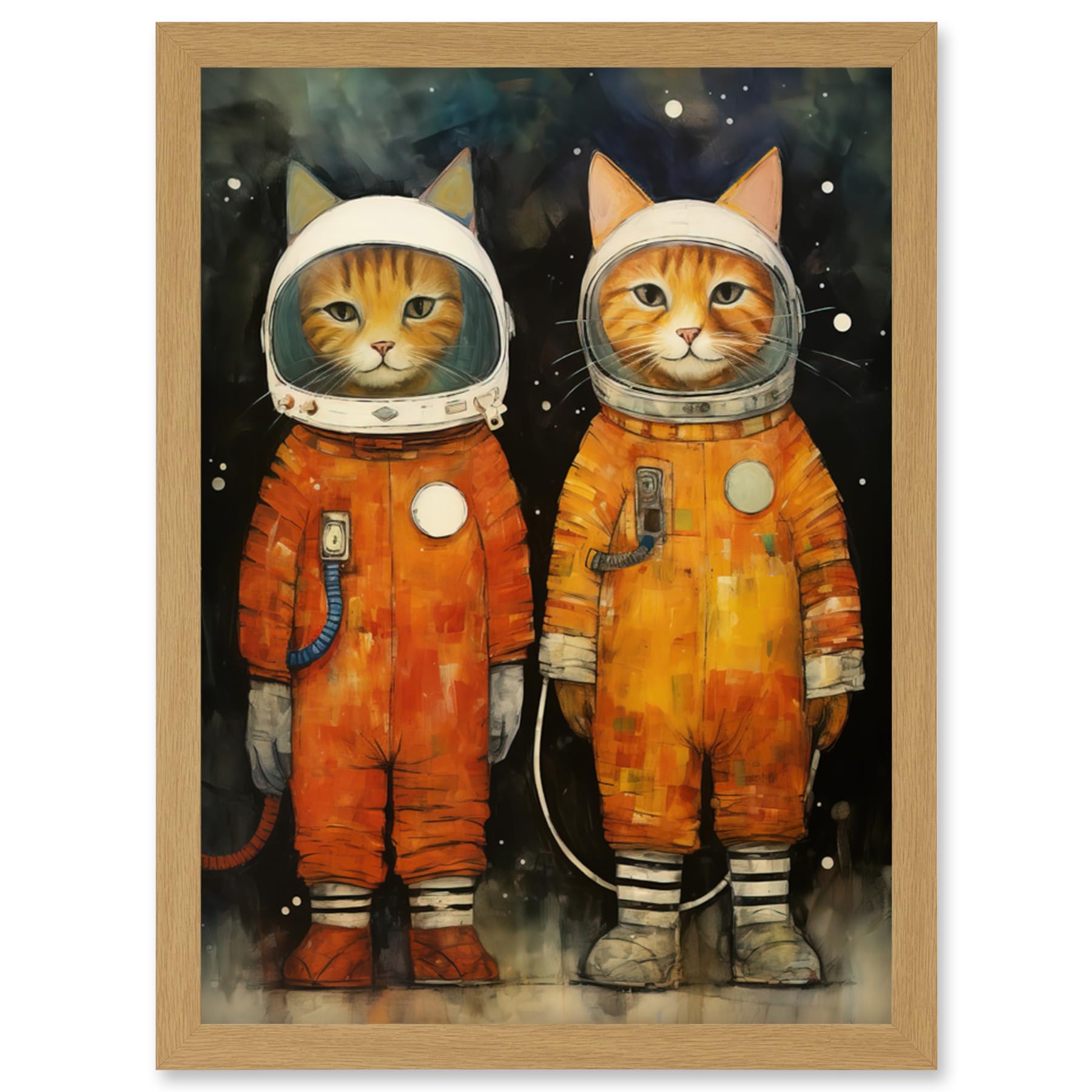 Artery8 Kids Wall Art Print - Cosmic Cats in Outer Space - Moon Walk - A4 - Light Oak