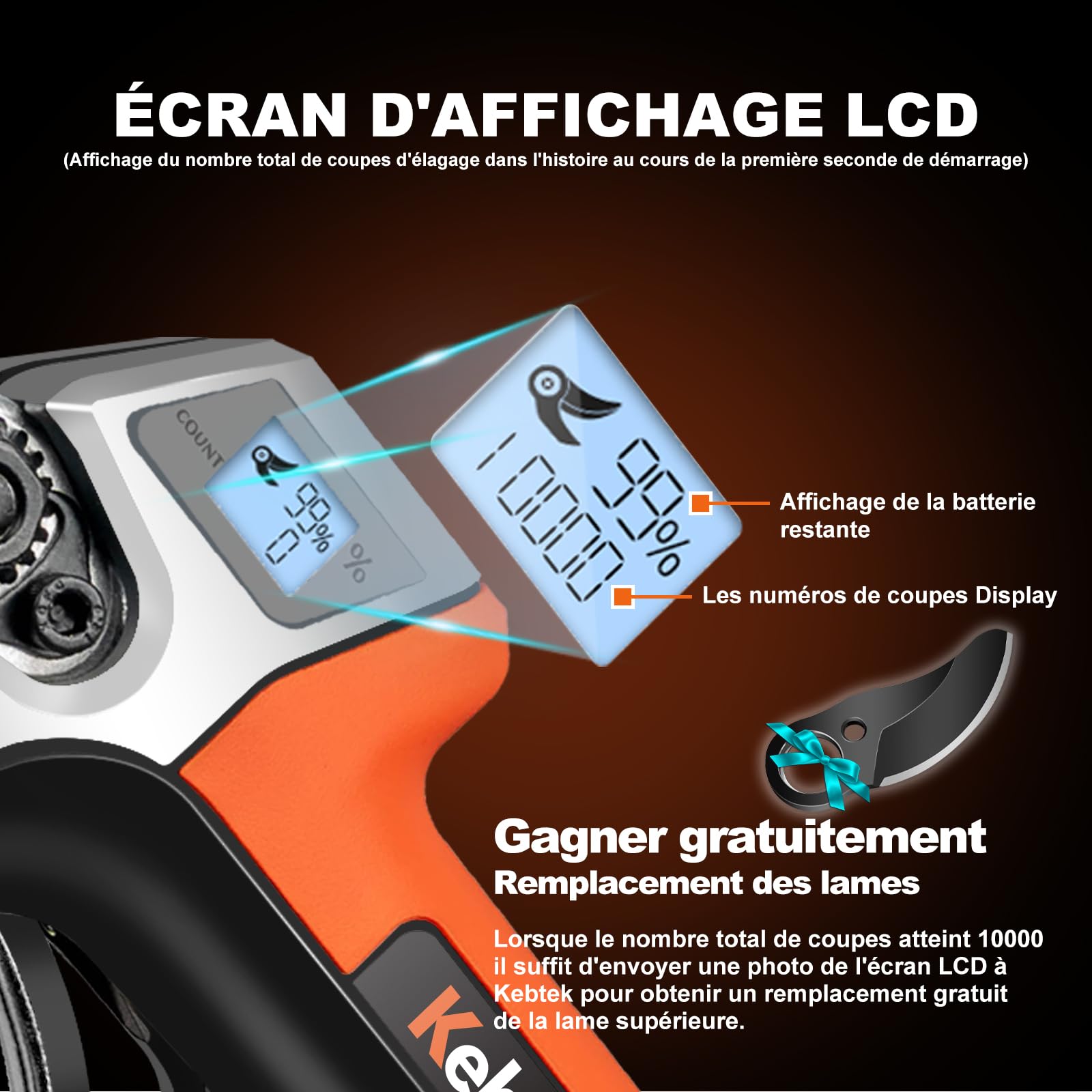 Kebtek Sécateur Électrique 35 mm - Professionnel Brushless Sécateur - 18V 500W - LCD Écran - SK5 Lame - 2 Batteries - Sécateur pour Vigne, le Cerisier, le Pommier (KT-E35)