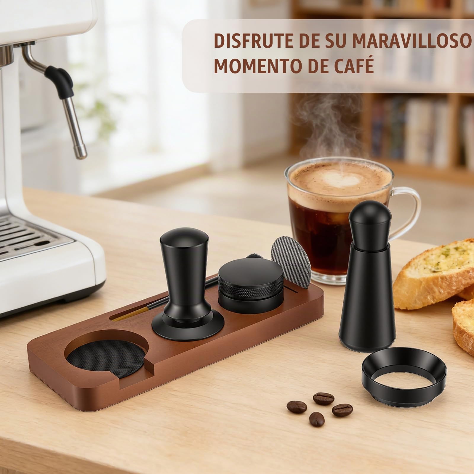 Set completo de 7 herramientas de espresso de 51 mm con estación de tamping, distribuidor, herramienta WDT, anillo dosificador, pantalla de tamizado, cuchara y cepillo de limpieza: accesorios
