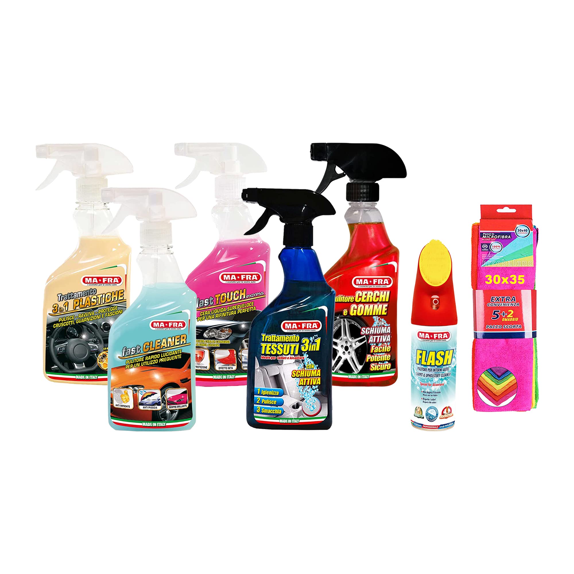 Ma-Fra Kit Trattamento Auto Interno ED Esterno. 3IN1 PLASTICA- Last Touch-Fast CLEANNER - Cerchi & GOMME - Trattamento Tessuti 3IN1 - Flash PULITORE. Insieme 7 Panni Microfibra Multiuso 30x35 cm