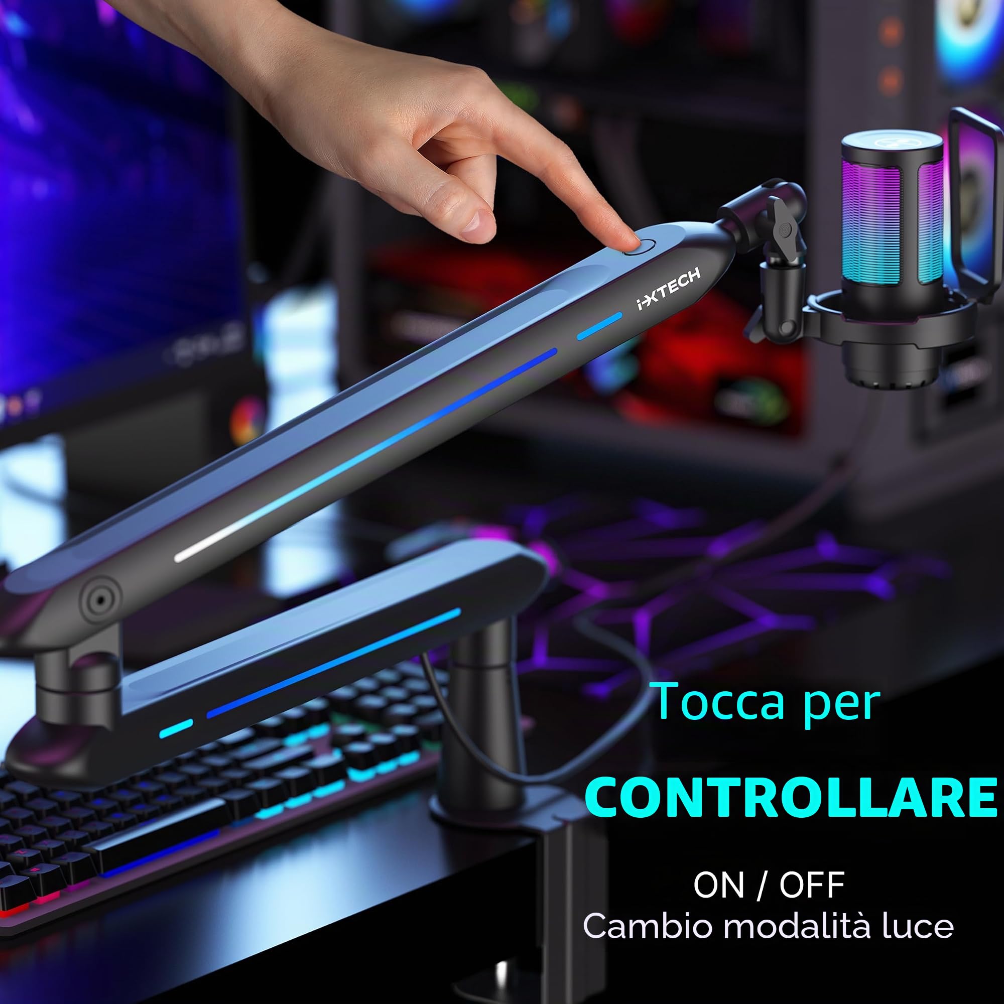 IXTECH Braccio RGB a basso profilo per microfono, supporto regolabile con morsetto per montaggio a scrivania, braccio girevole per gestione dei cavi per podcast streaming