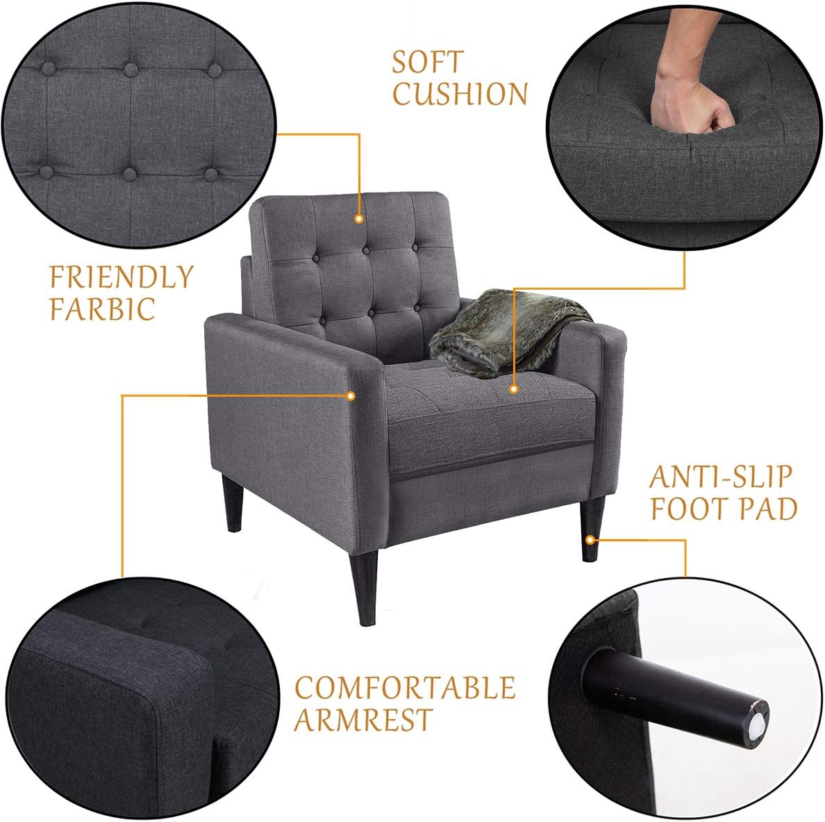 Modern Accent Chair, Living Room Arm Chairs, Single Sofa Upholstered Comfy Fabric Mid-Century Modern Furniture for Bedroom Office, Living Room, Dark Grey