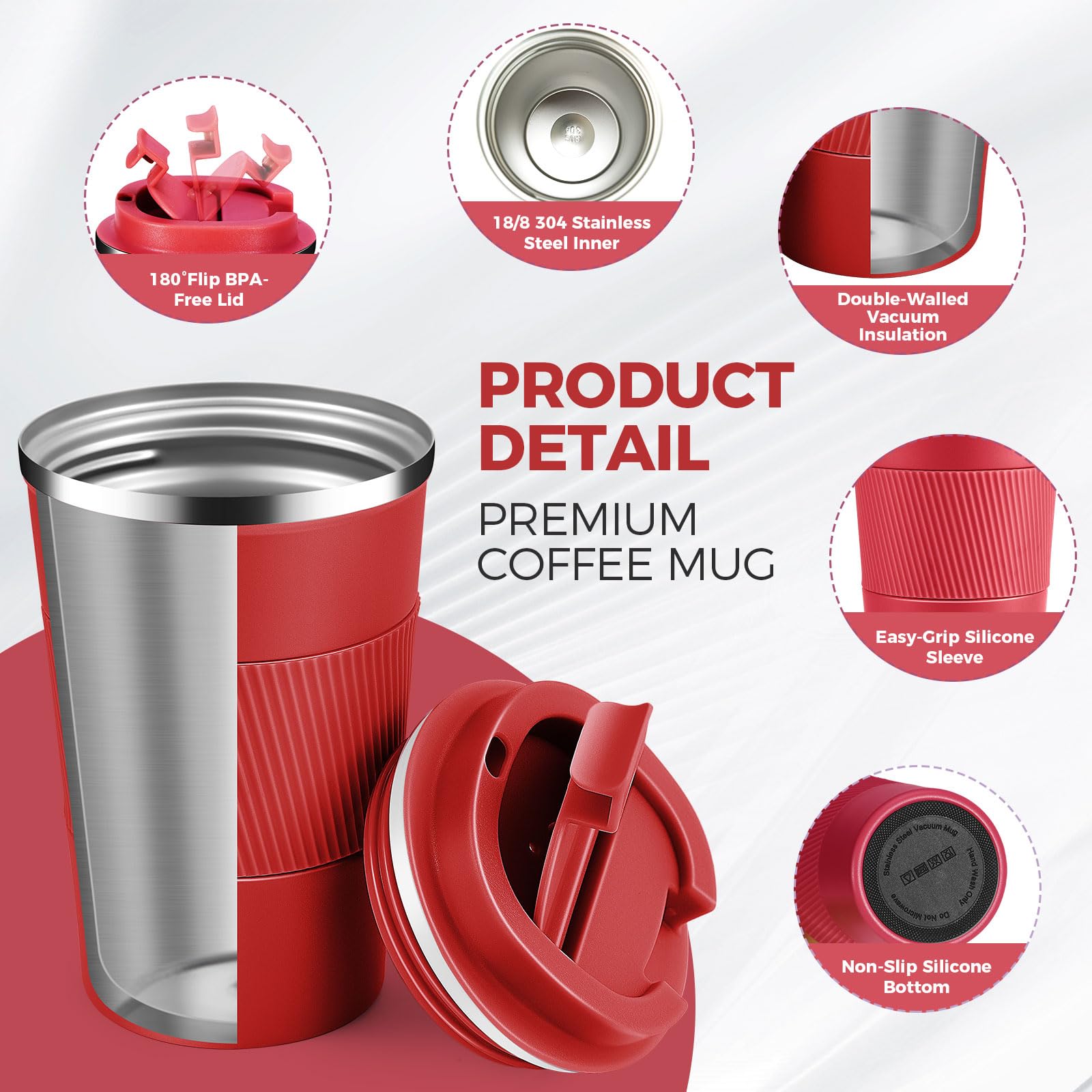 Volhoply 380ml 13oz Stainless Steel Insulated Travel Coffee Mug with Fip Lid Bulk 2 Pack,Reusable Double Wall Vacuum Metal Coffee Cup,Portable Leak Proof Tumbler for Hot & Cold Drinks(Red,2) - Image 3