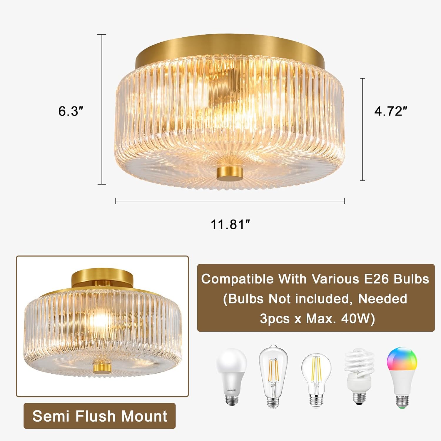 Glass Flush Mount Ceiling Light: 12" Round Clear Ribbed Glass Chandelier - Mid Century Modern Drum Ceiling Light - 3 Lights Gold Fixture Over Kitchen Sink Entryway Foyer Bedroom Bathroom Dining Room