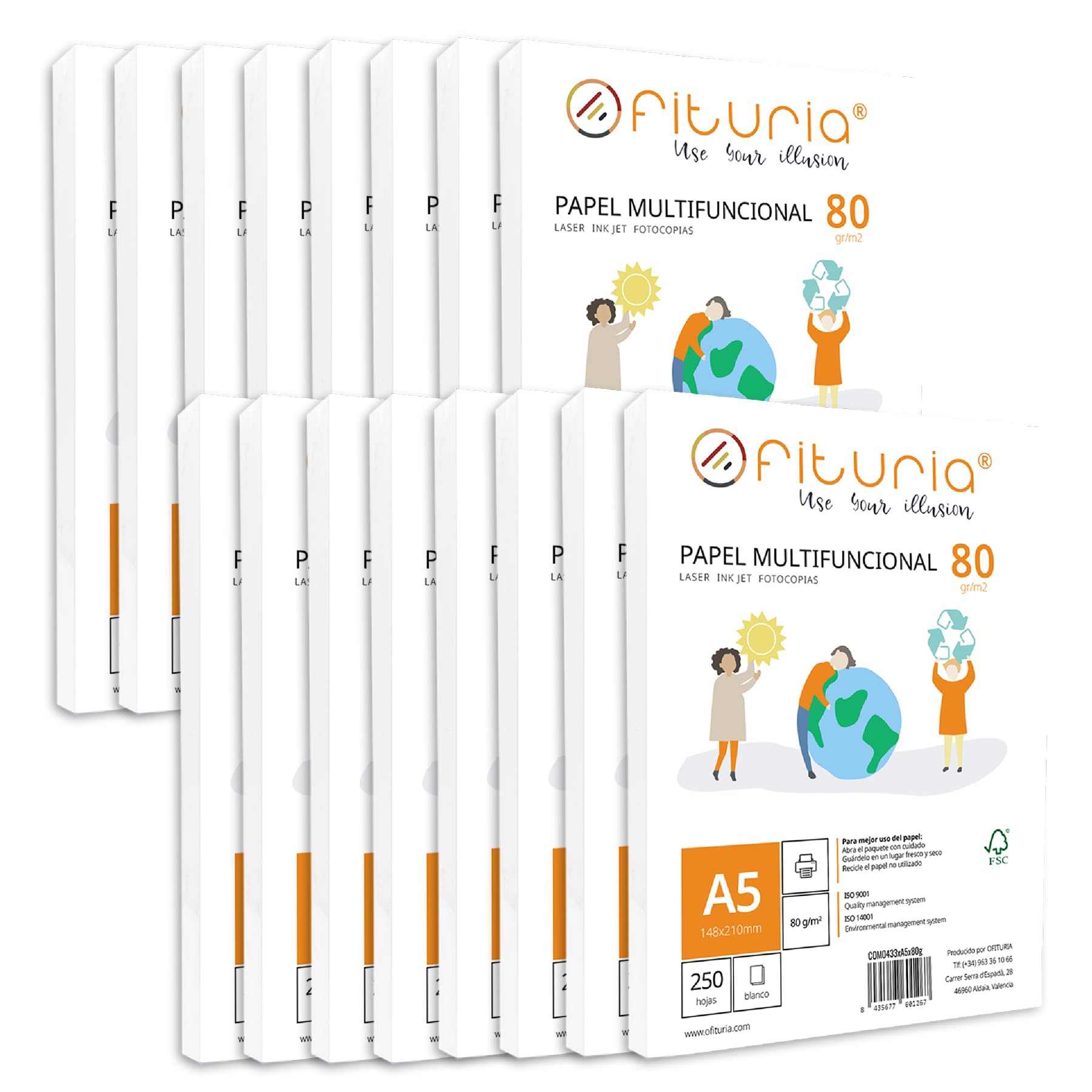 OFITURIA Lot de feuilles A5 de 80 g avec 4000 feuilles blanches, papier multifonction pour l'école et les environnements de travail. Idéal pour imprimantes laser, injections ou photocopieuses
