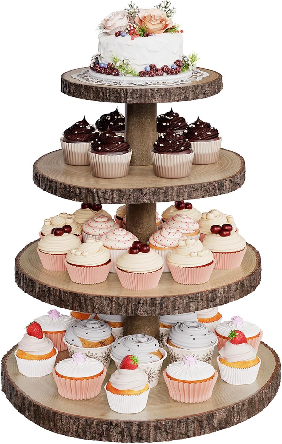 Wood Cupcake Stand, 4 Tier Wooden Cupcake Tower, Large Rustic Cake Display Holder Stand for Woodland Baby Shower, Wedding, Birthday, Tea Party, Farmhouse Dessert Table Decorations