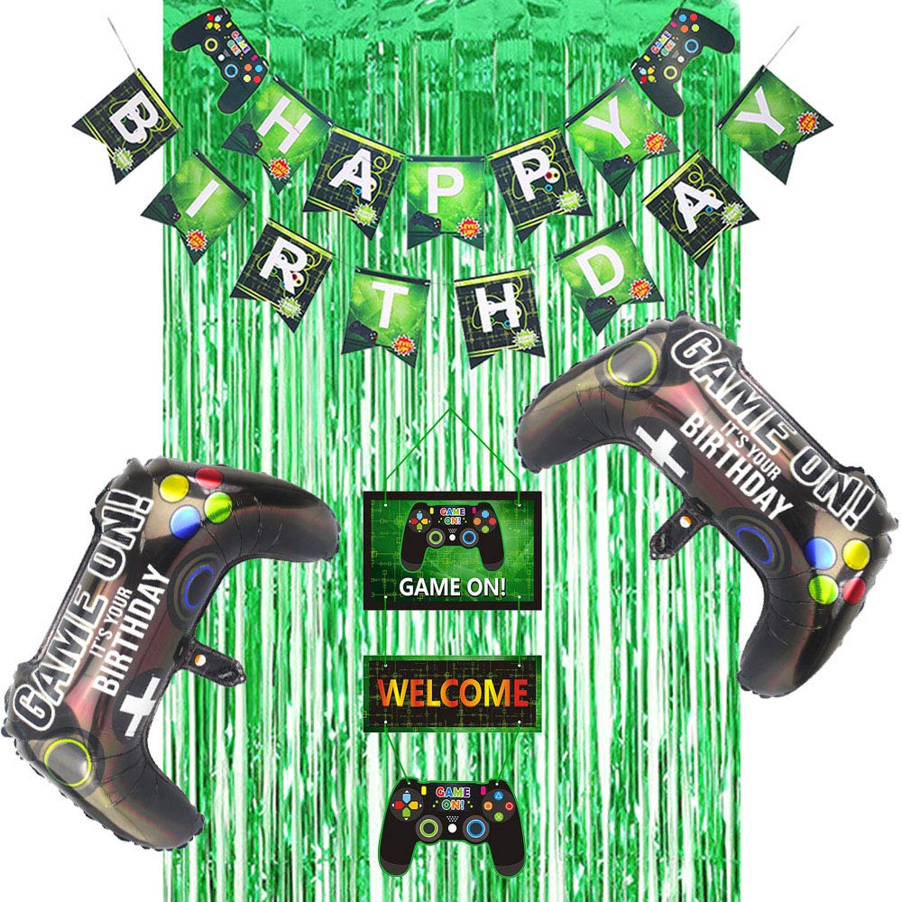 Buy Video Game Party Supplies Set, Happy Birthday Banner, Green Tinsel Curtain, Game On