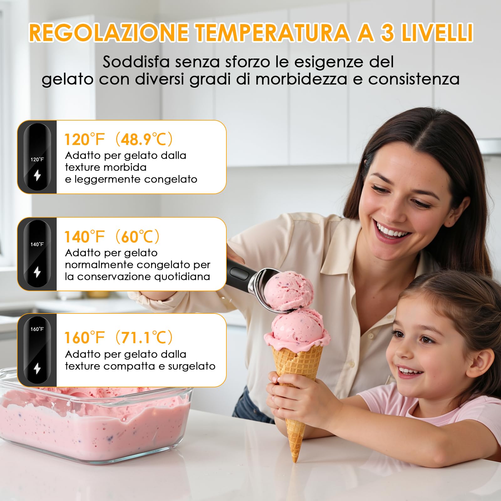 Cucchiaio Gelato, Paletta per Gelato Elettrica Riscaldata con 3 Posizioni di Riscaldamento, Ricaricabile, Impermeabilità IPX7, Porzionatore Antiaderente, Ice Ball Scoop for Hard lce Cream
