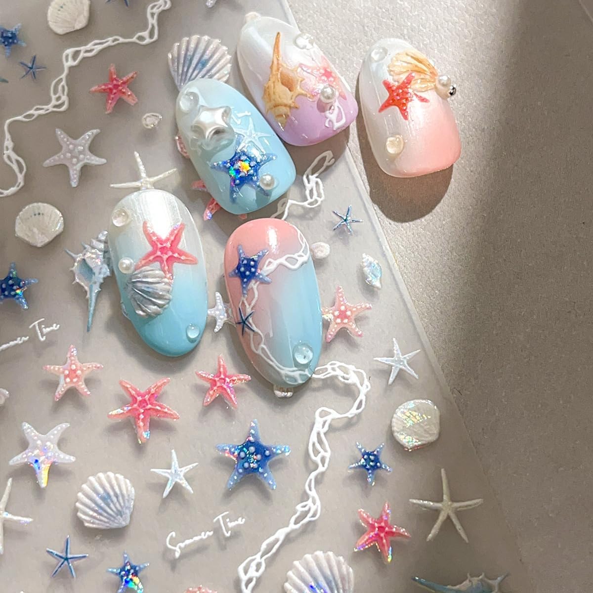 Summer Sea Nail Art Stickers Shiny Shells Starfish Nail Decals 3D Self-Adhesive 2Pcs Shells Starfish Conch Beach Nails Design Summer Sea Theme Nail Art Supplies for Women Nail Decoration