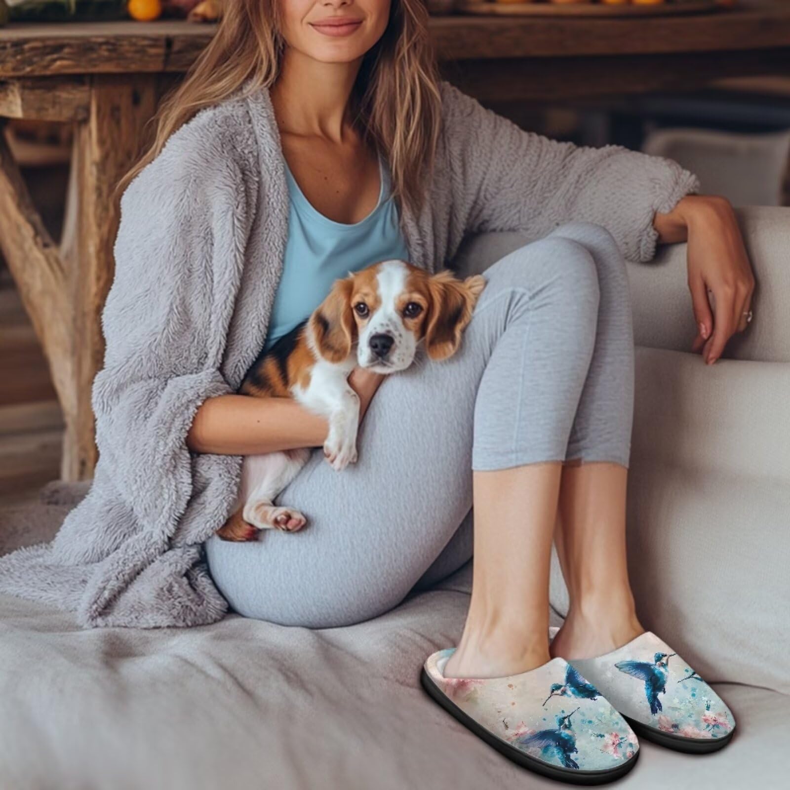 Jeiento Pantuflas de punta cerrada para mujer, diseño de colibrí, antideslizantes, esponjosas, para invierno, para interiores