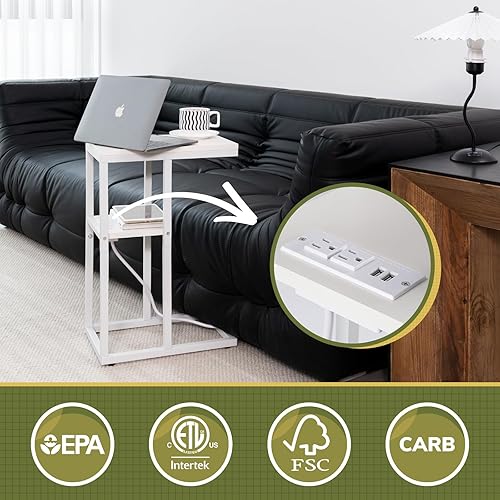 Miniatura 29 de Yoobure Mesa auxiliar en forma de C con estación de carga para sala de estar, dormitorio, mesa de sofá con puertos USB y salidas para espacios