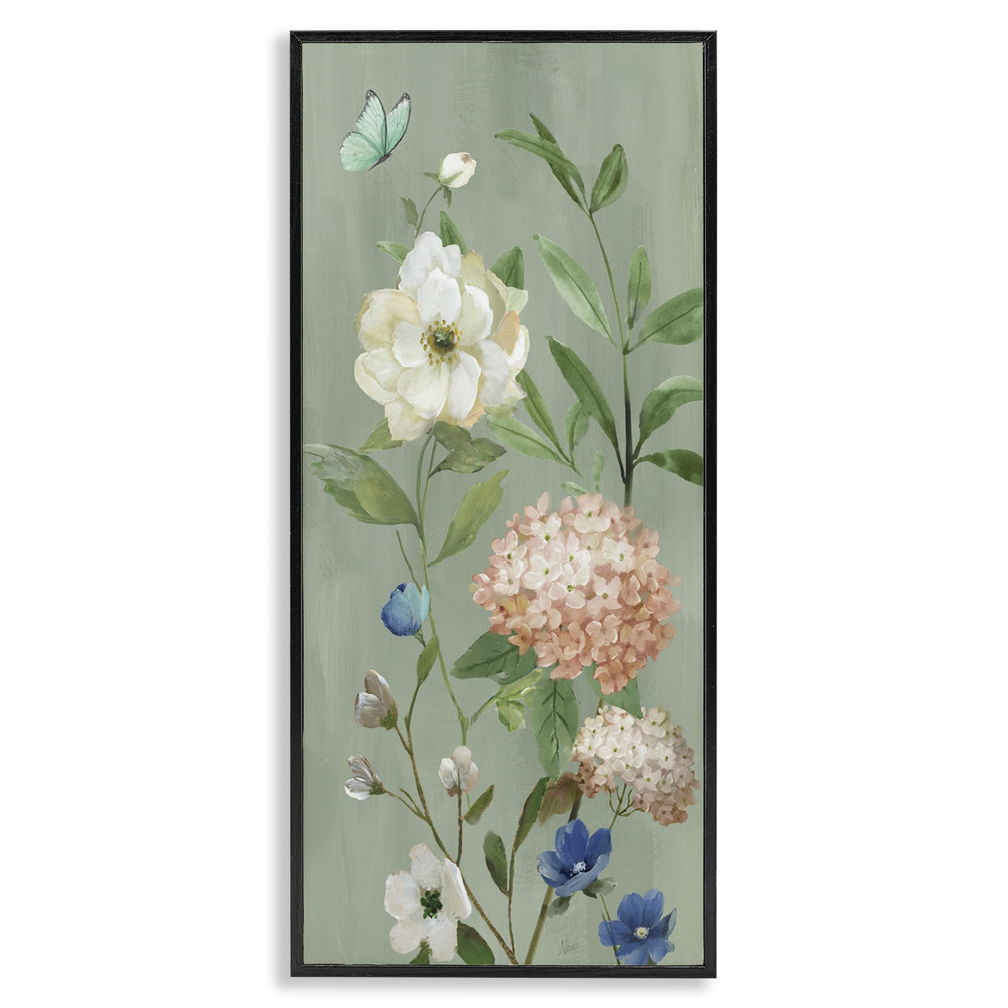 'Mint Floral Cluster & Butterfly'| Framed Giclee Art