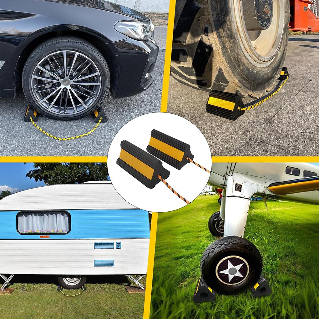 Kliny pod koła, 1 para/2 sztuki z liną 2 m, uniwersalne, wytrzymałe, gumowe kliny pod koła, blok z 3 odblaskowymi paskami do kamperów